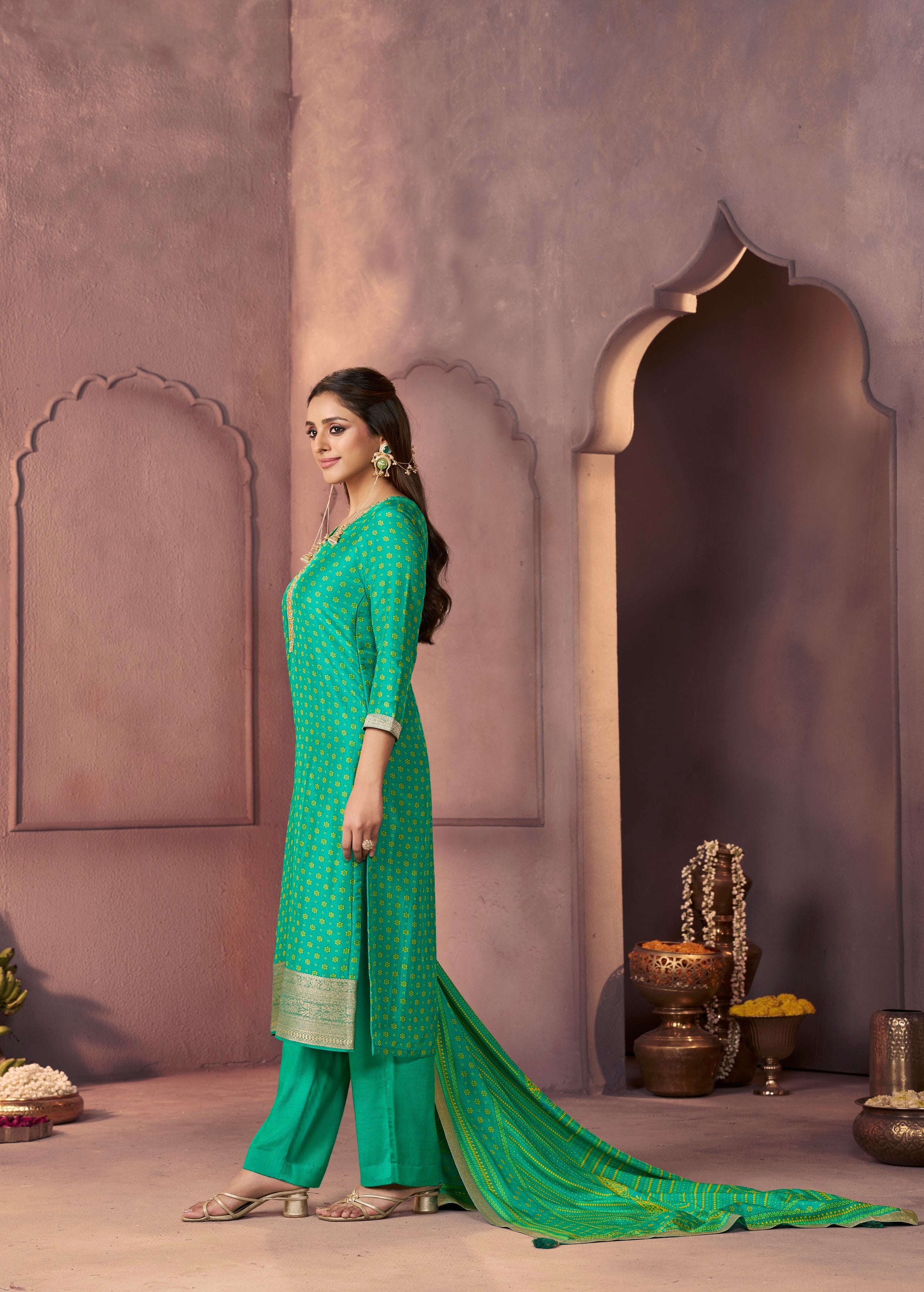 Bright Green Printed Dola Silk Pant Set