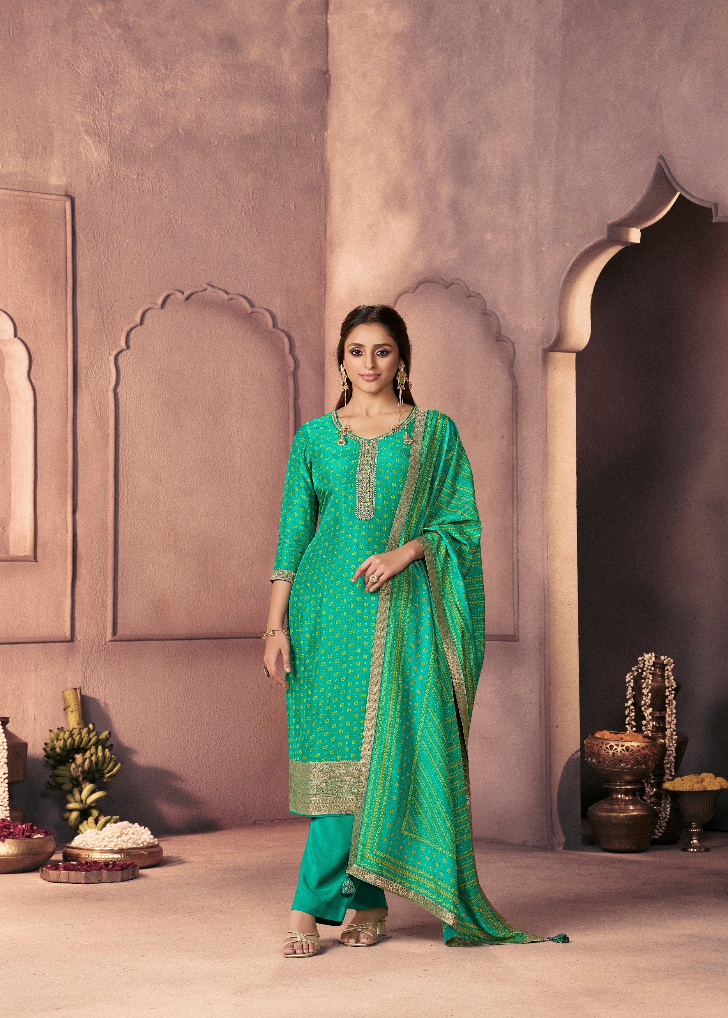 Bright Green Printed Dola Silk Pant Set