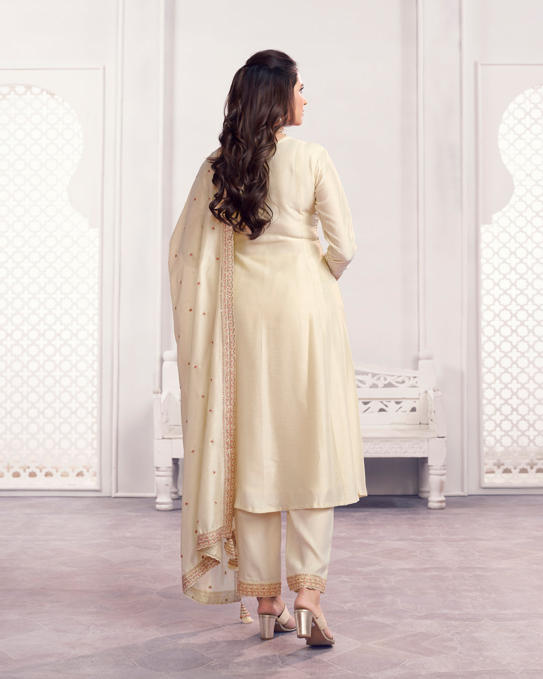 Ivory Gilded Embellished Vichitra Silk Anarkali Set