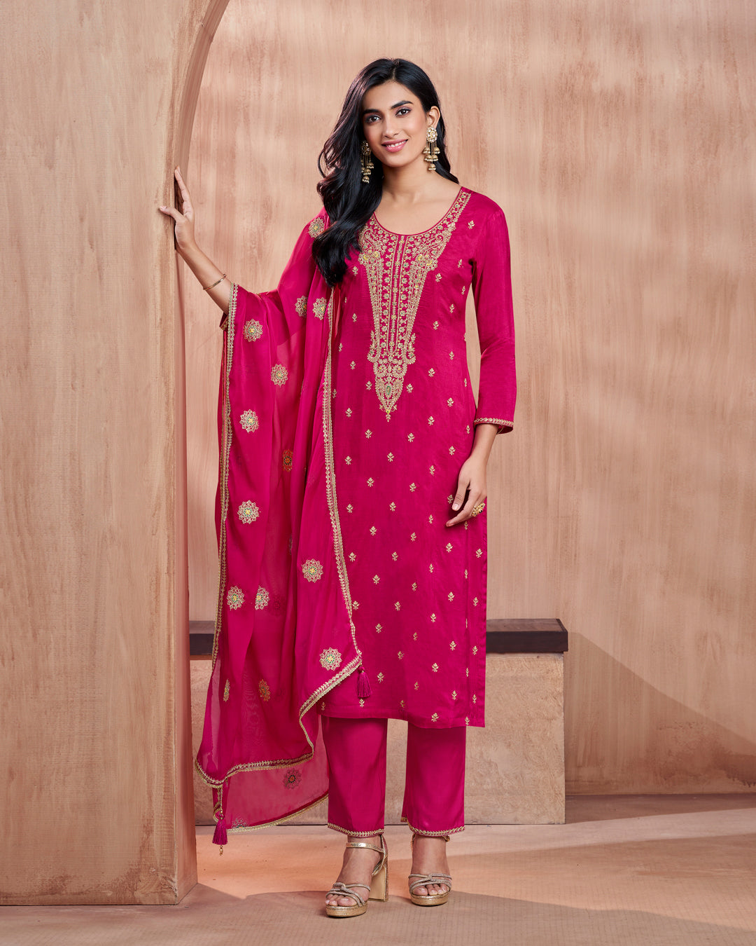 Crimson Bloom Embellished Vichitra Silk Pant Set