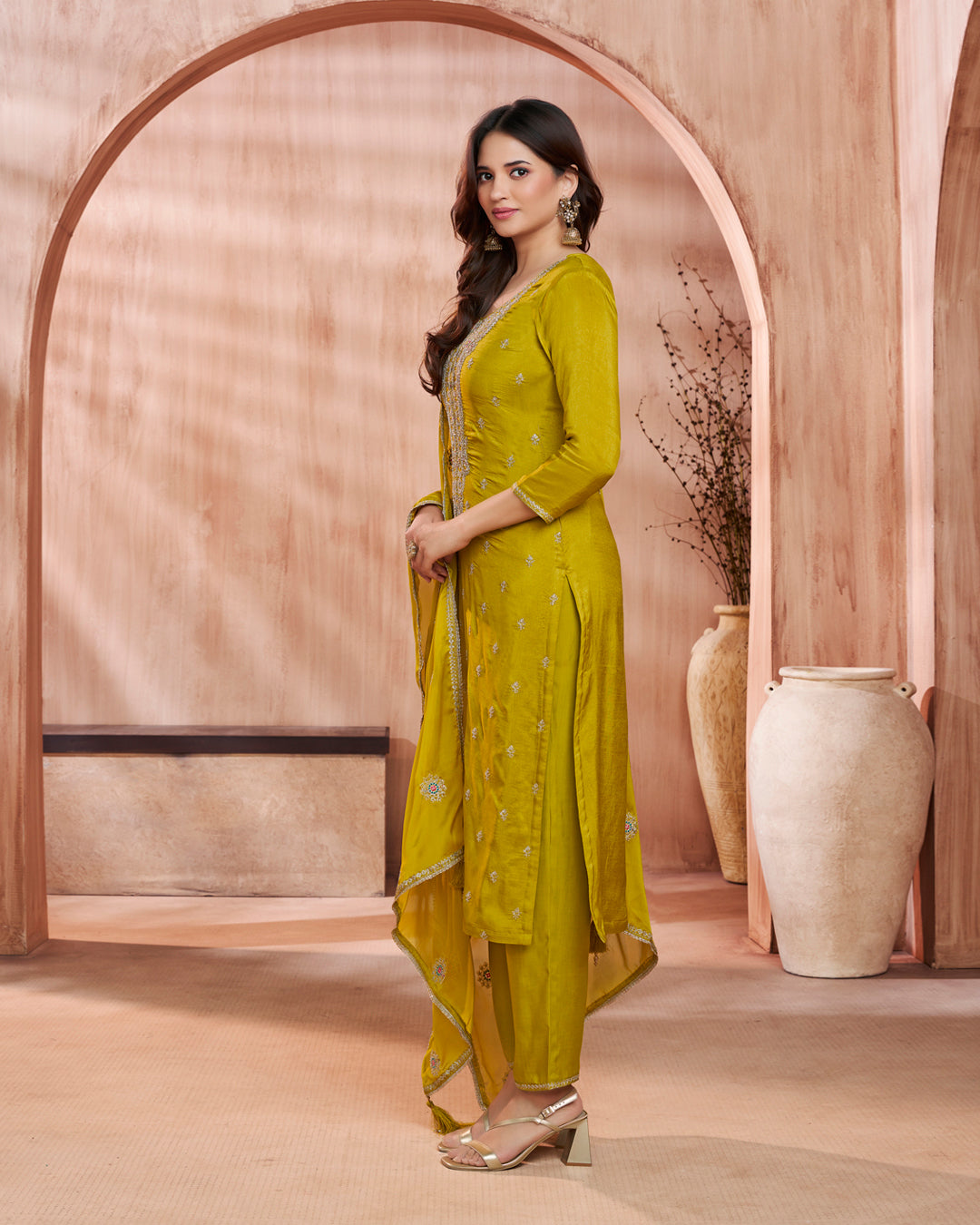 Citrine Bloom Embellished Vichitra Silk Pant Set