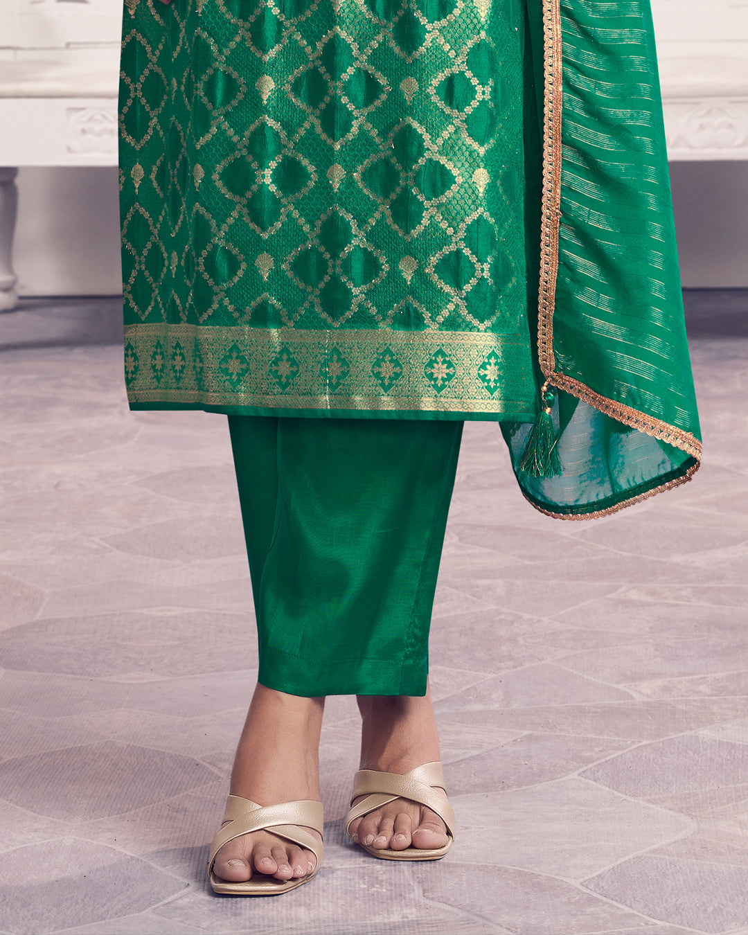 Jade Glow Embellished Chiniya Silk Pant Set