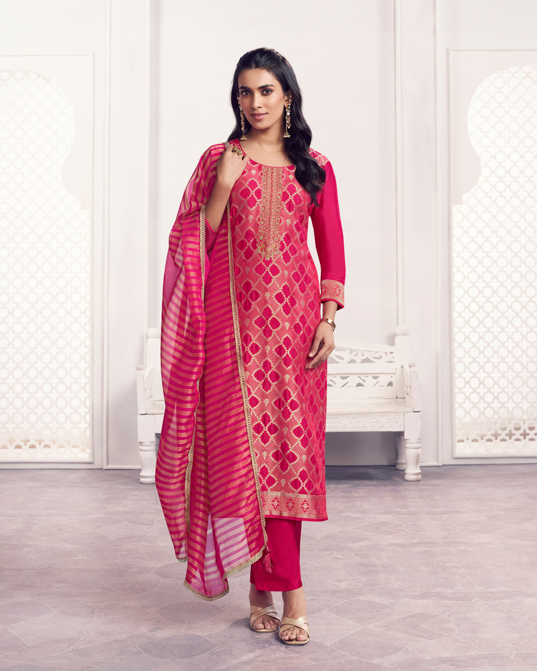 Rose Glow Embellished Chiniya Silk Pant Set