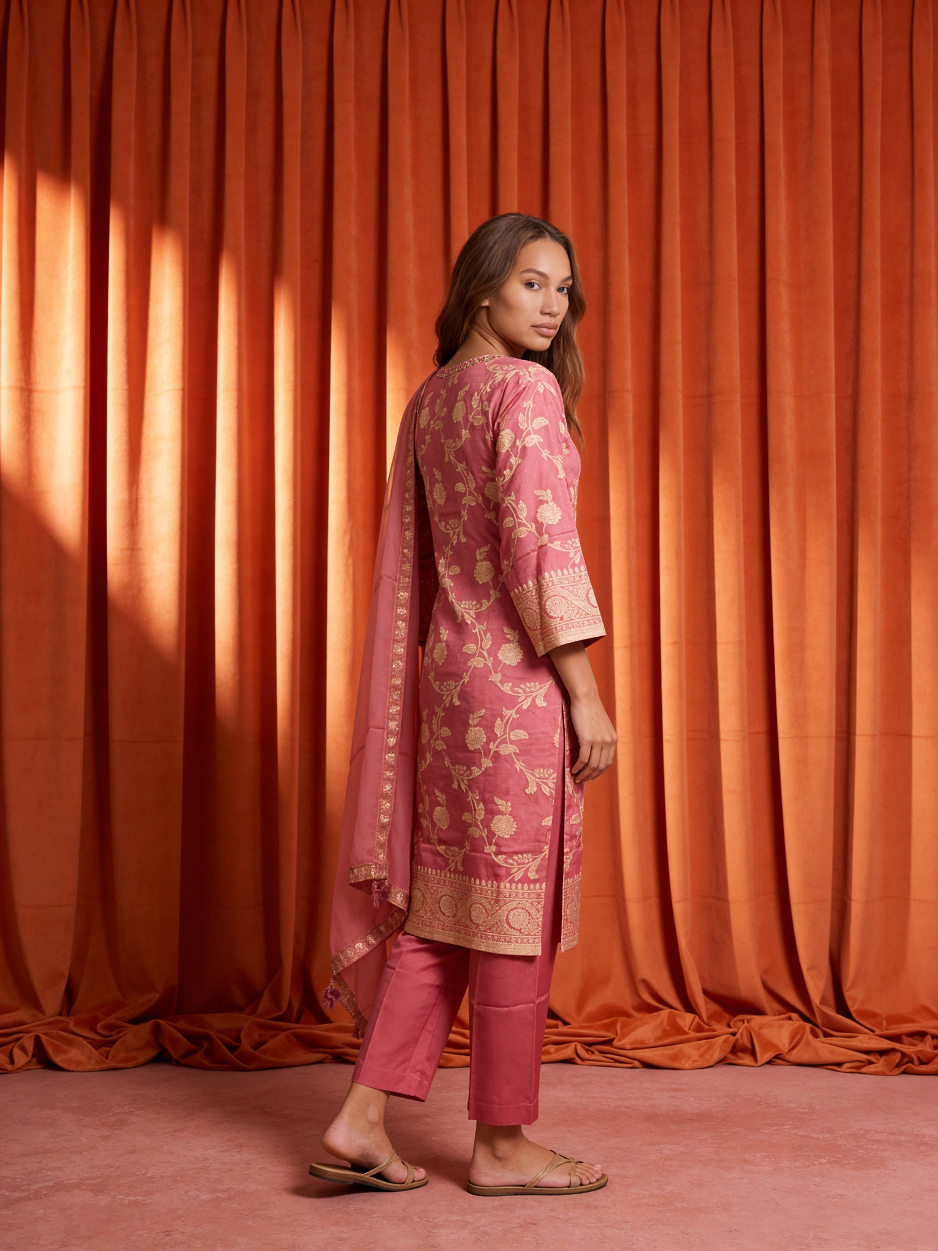 Pink Embellished Brocade Silk Kurta Set