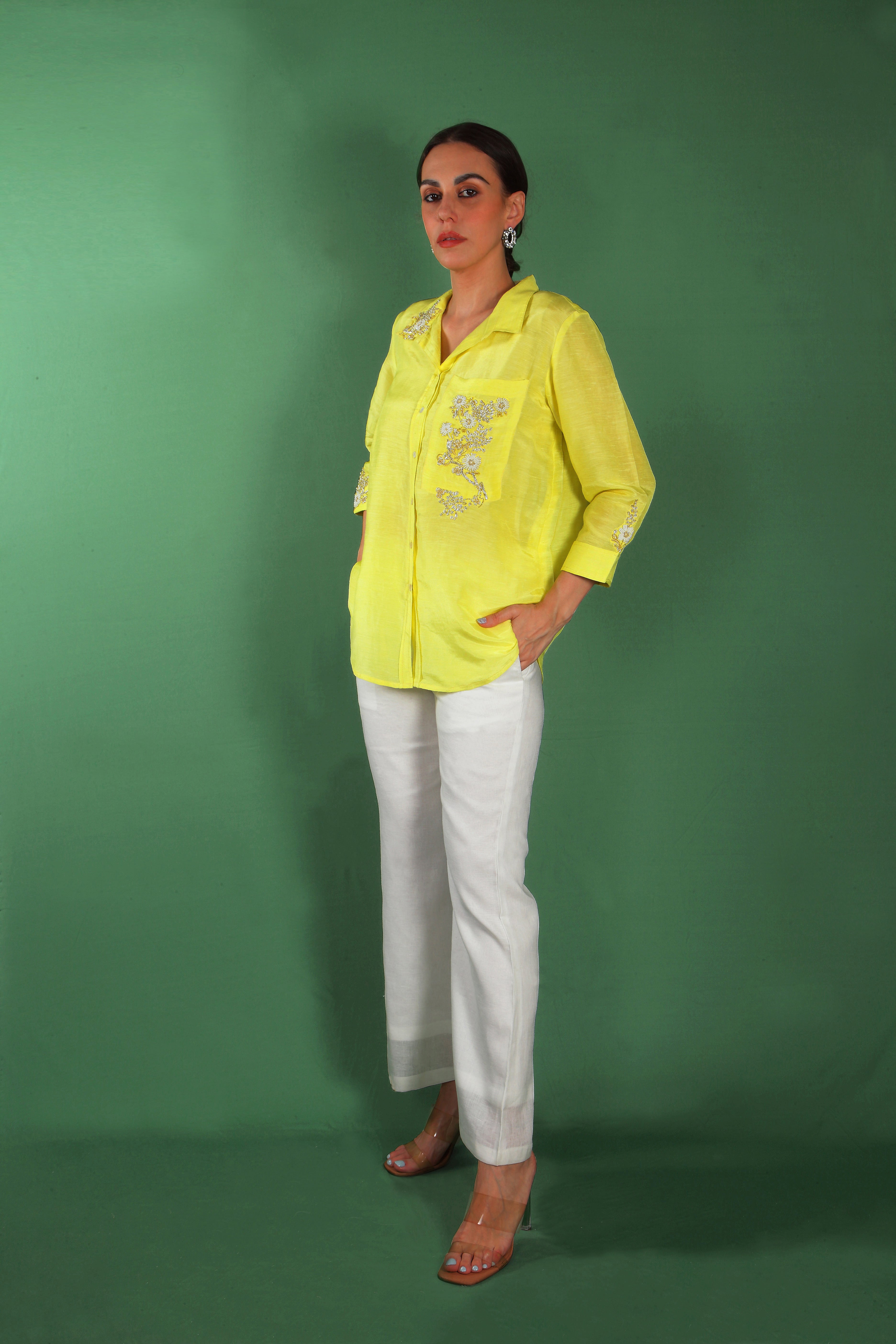 Citrus Yellow Embellished Linen Co-Ord Set