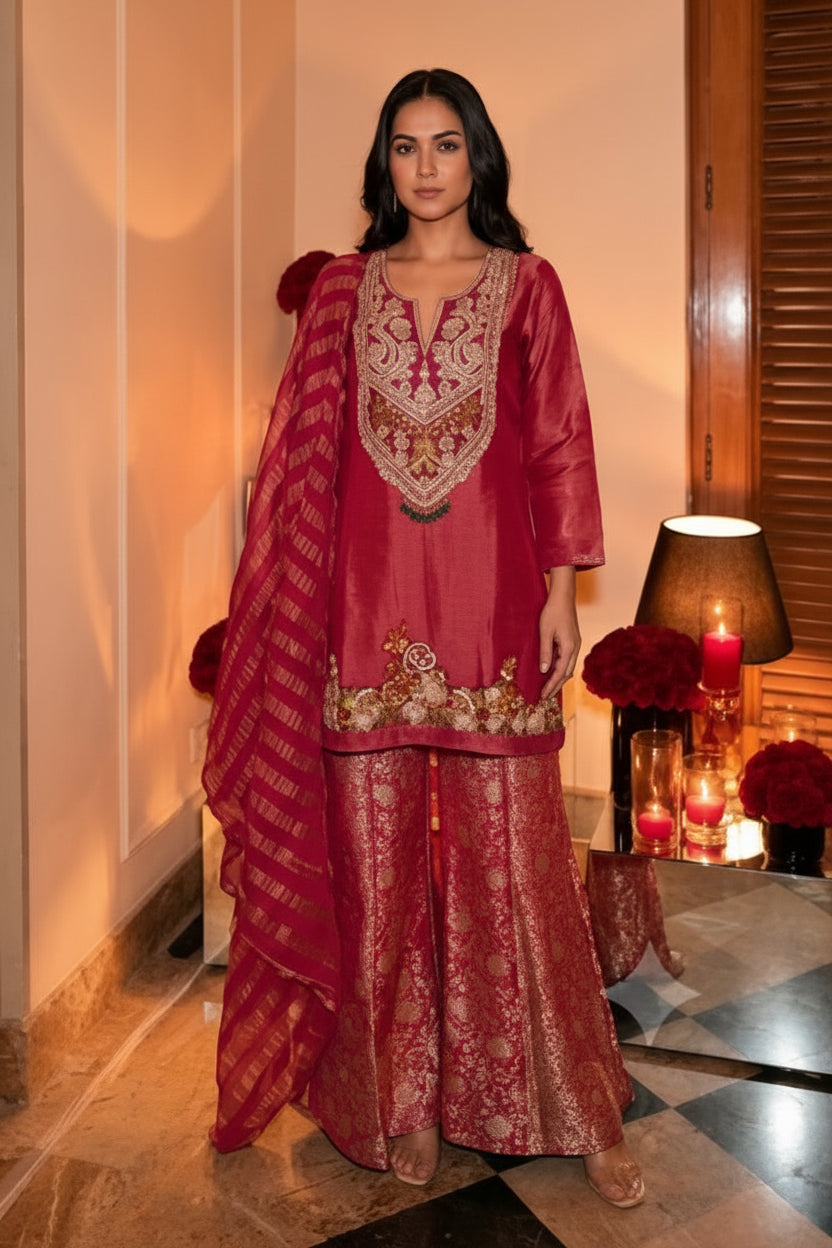 Raspberry Pink Embellished Tissue Silk Palazzo Set