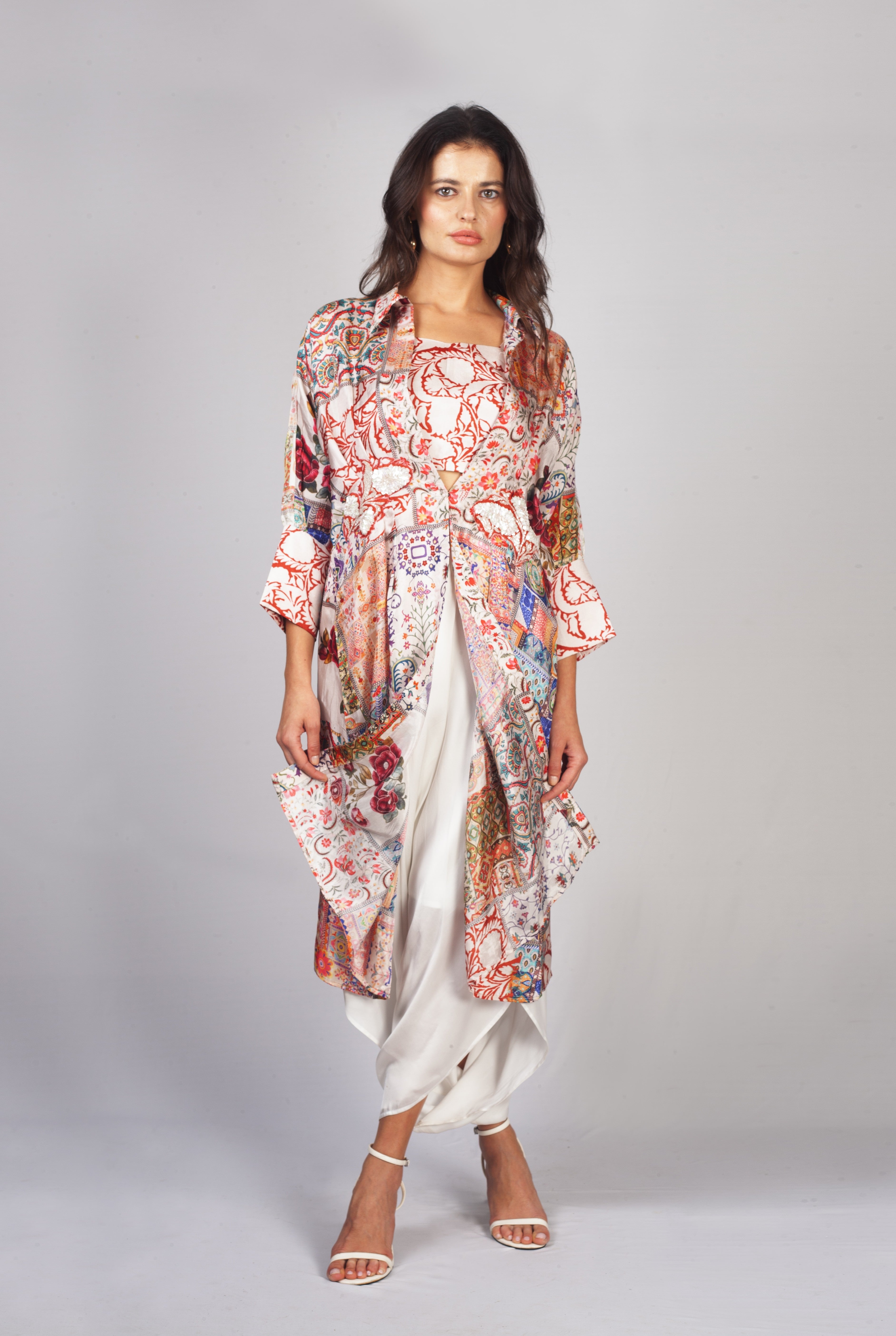 Multi-Mosaic Printed Satin Silk Jacket Skirt Set