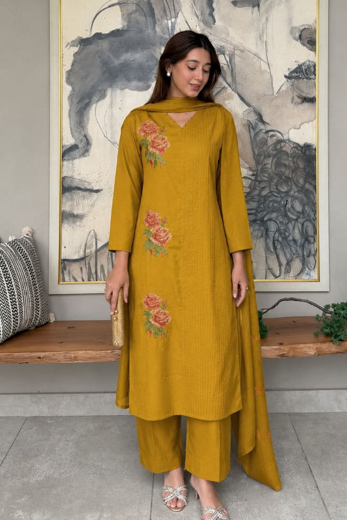 Mustard Olive Floral Embroidered Cotton Pant Set