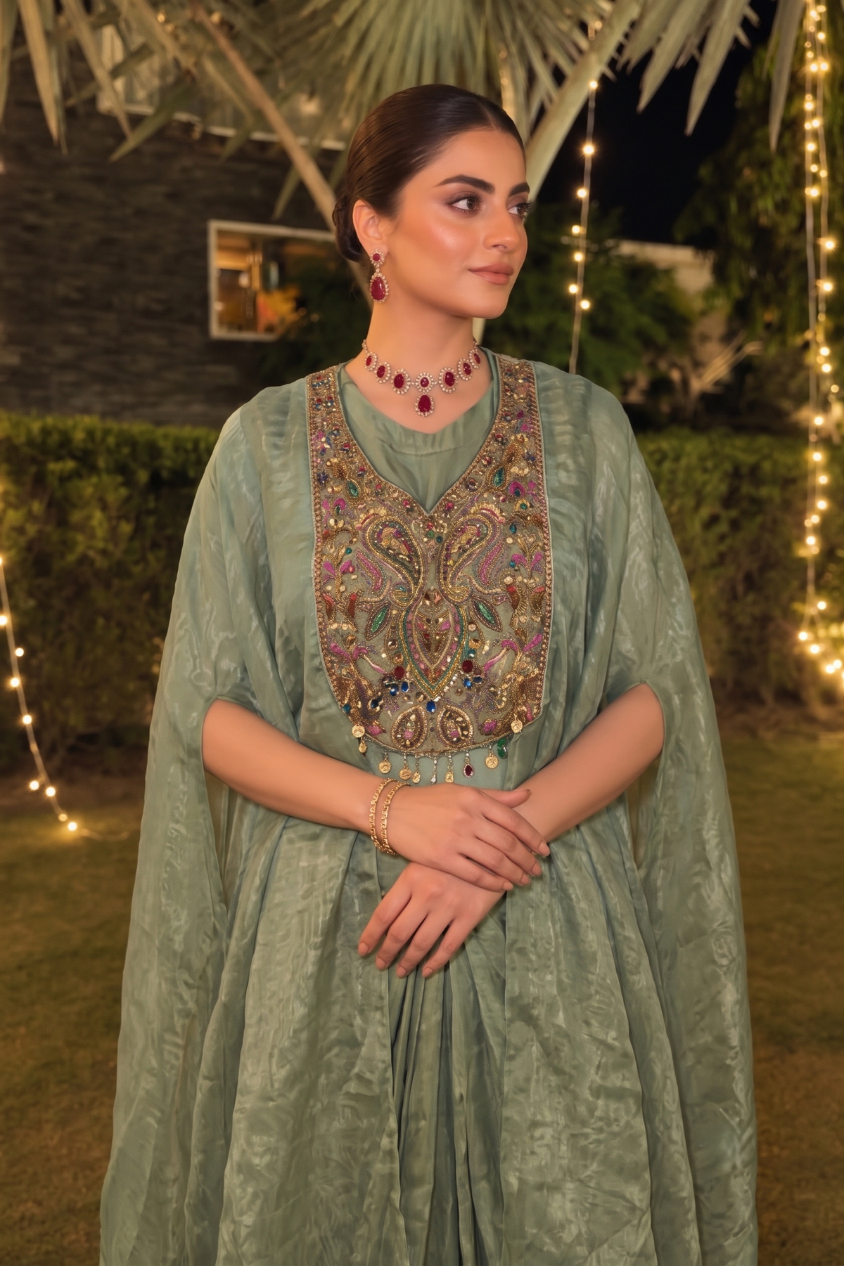 Sage Gold Embellished Shimmer Tissue Silk Skirt Set