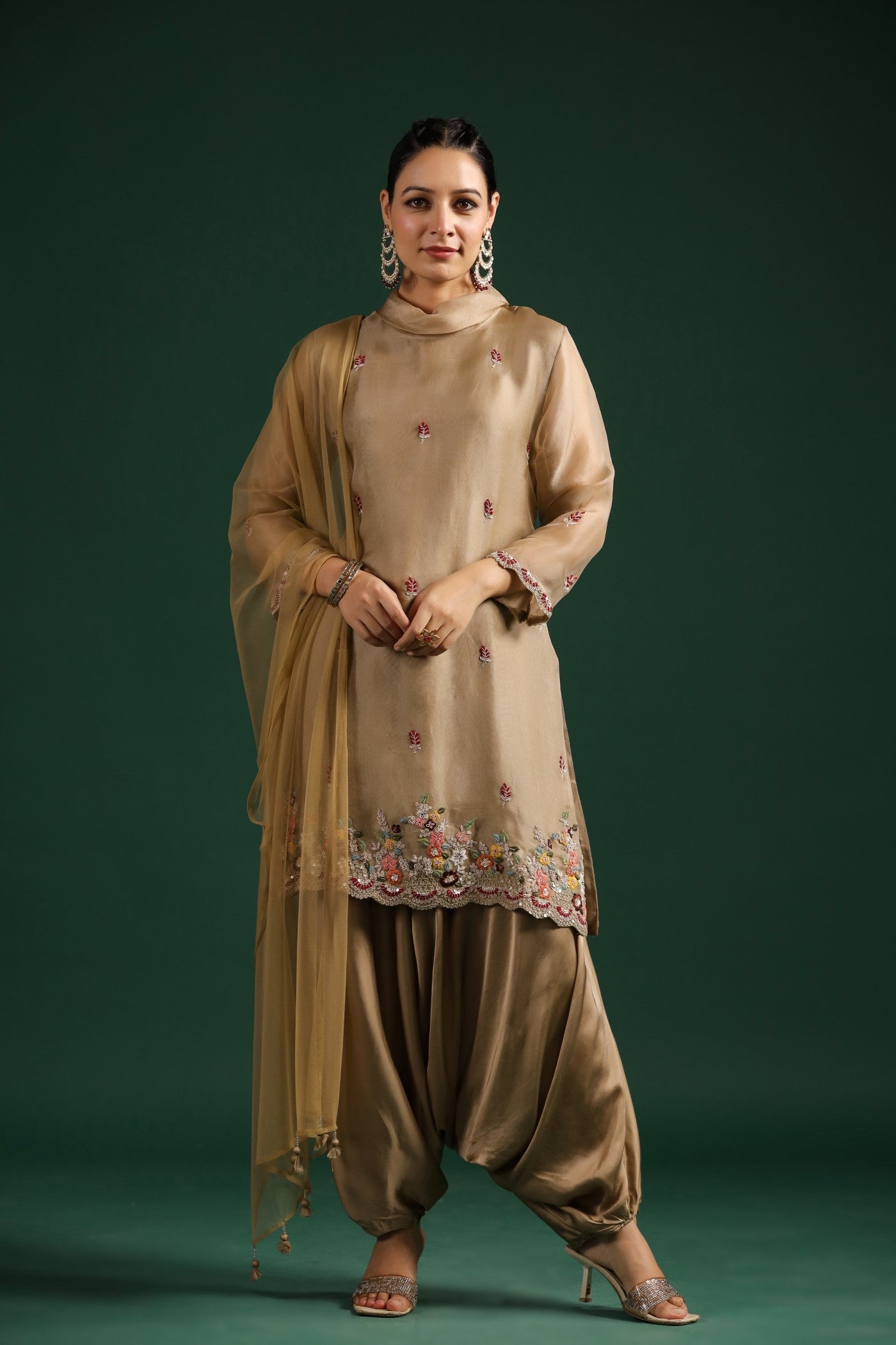 Golden Beige Embellished Cowl Pants Set