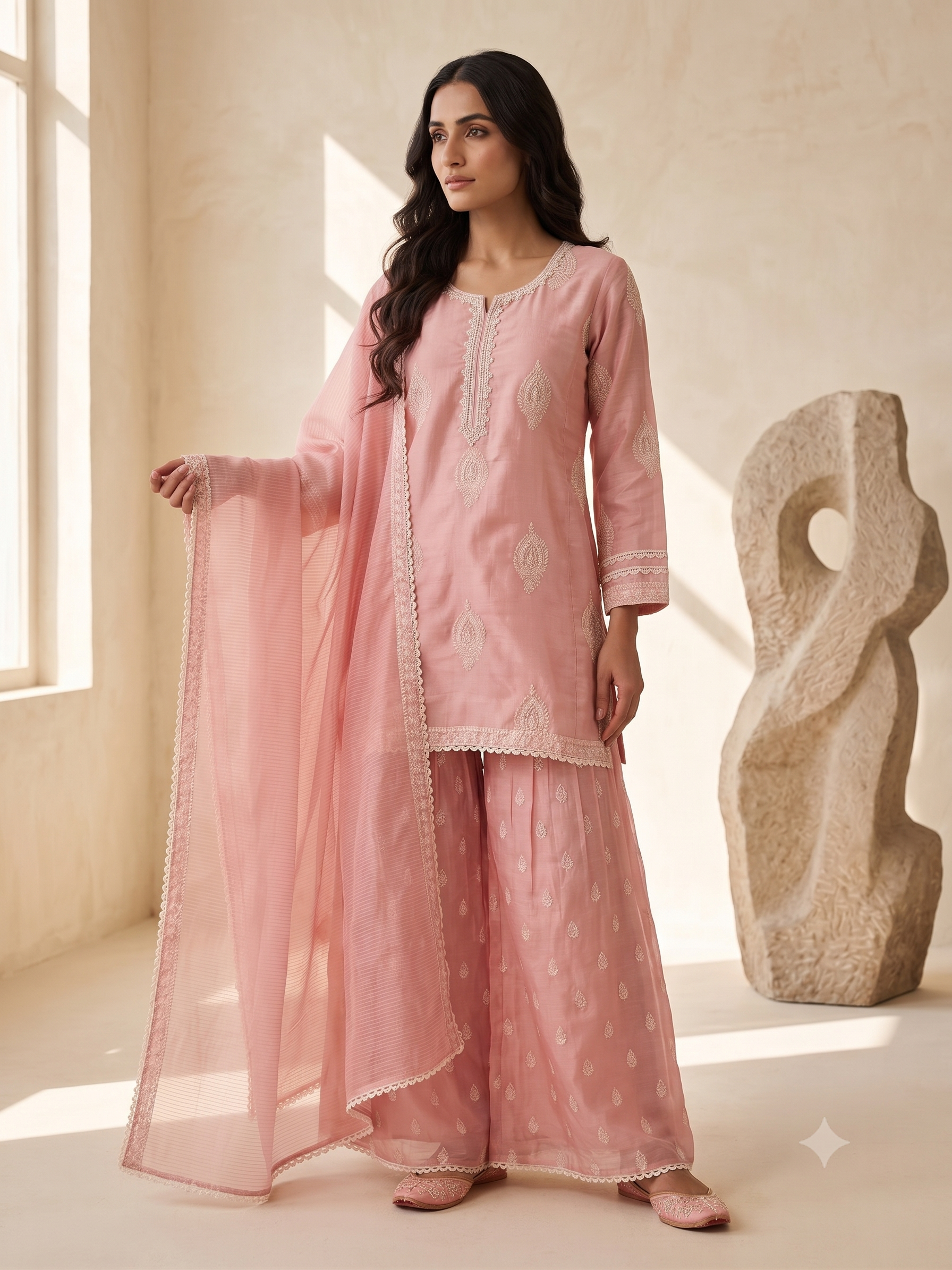 Pastel Pink Embroidered Mul-Chanderi Silk Suit Set