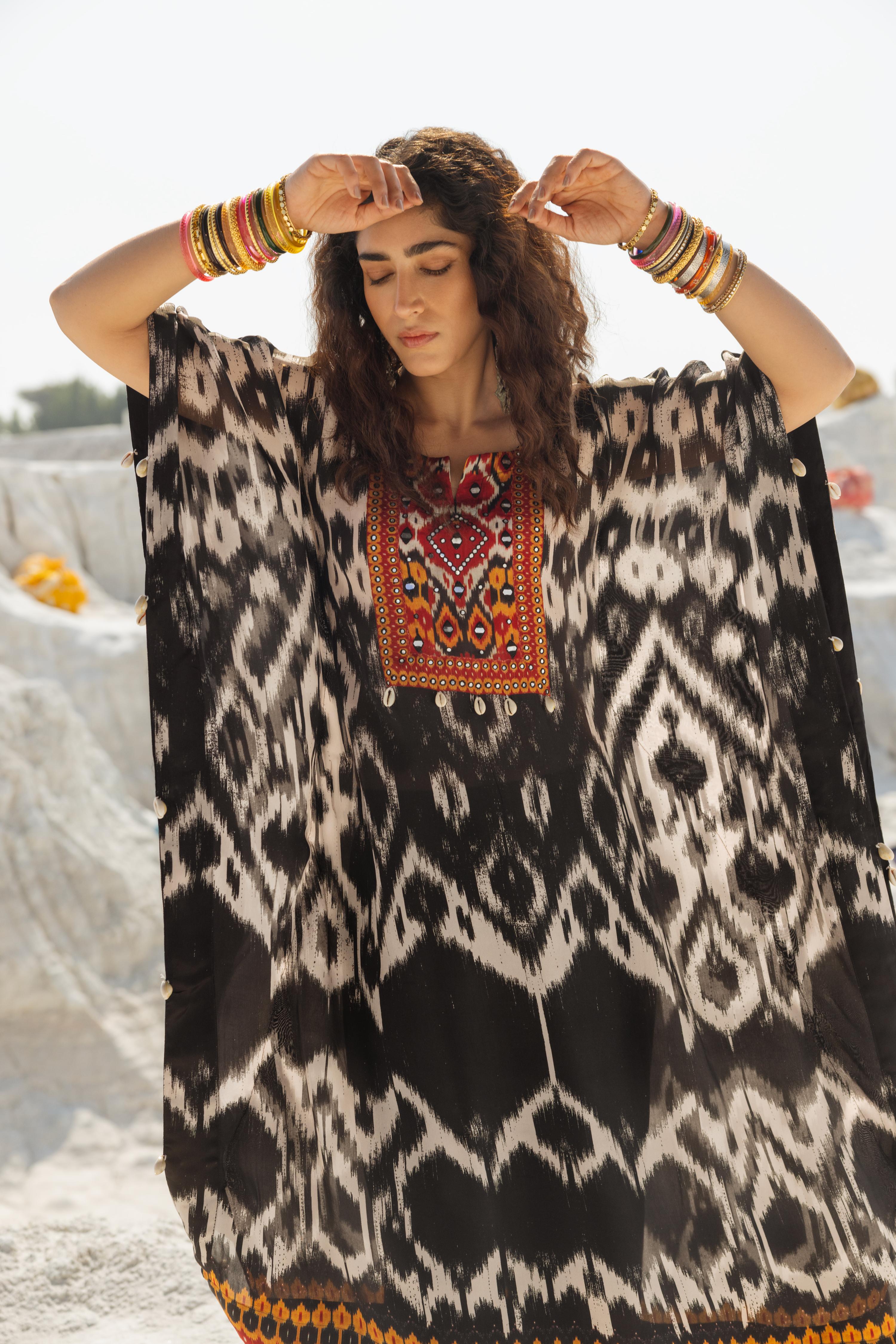 Black & White Ikat Printed Muslin Silk Kaftan Set