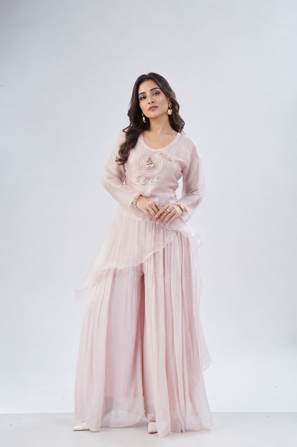 Blush Pink Embellished Shimmer Organza Silk Palazzo Set