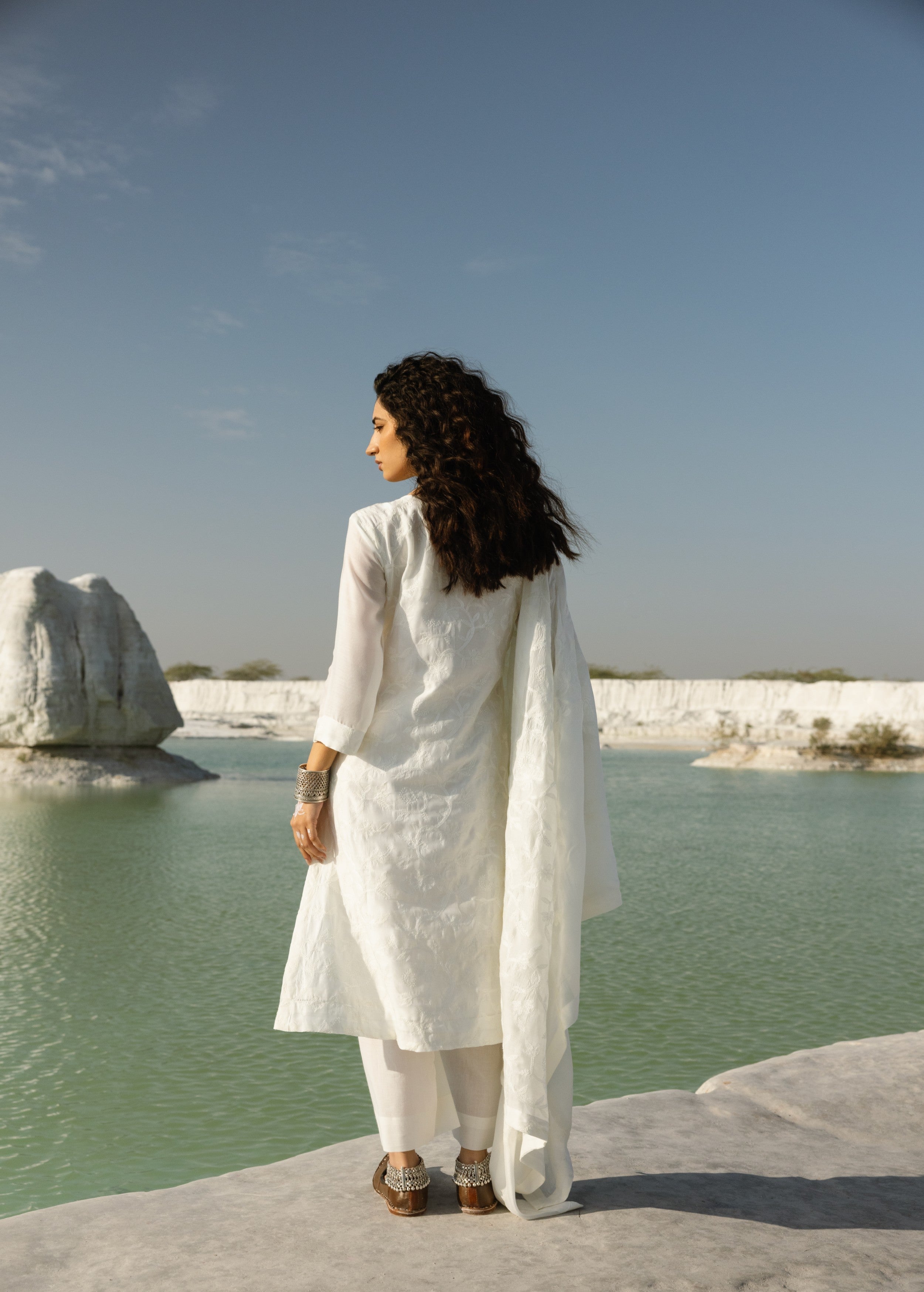 White Embroidered Mul-Chanderi Silk Pant Set