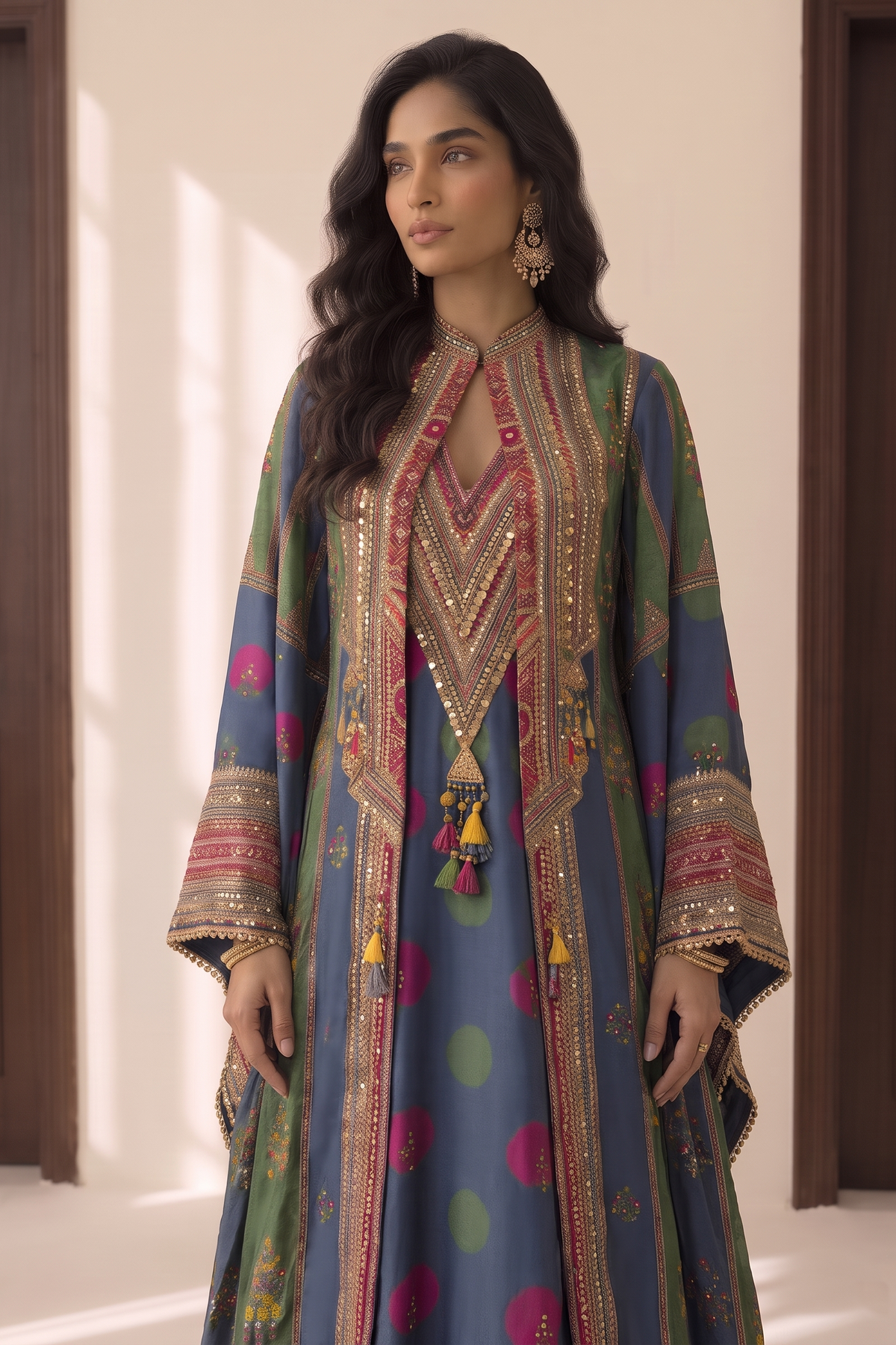 Slate Teal Blue Embellished Crepe Silk Jacket Set