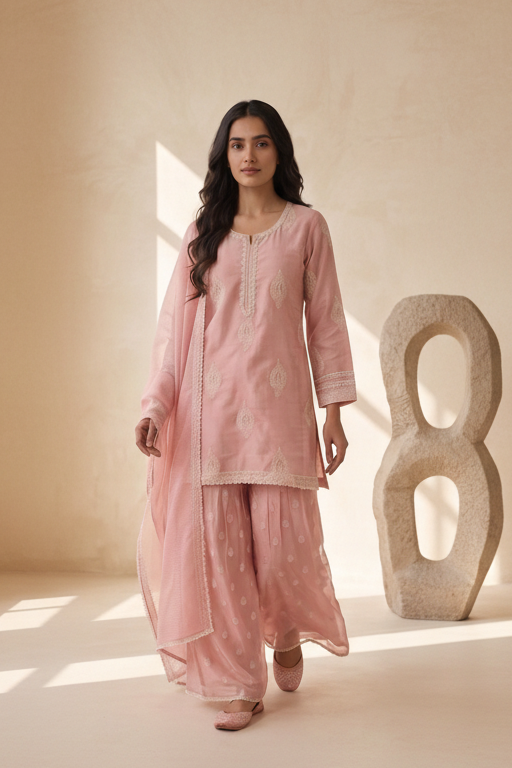 Pastel Pink Embroidered Mul-Chanderi Silk Suit Set