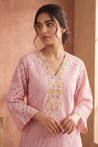 Pastel Pink Schiffli Embroidered Cotton Kurta Set