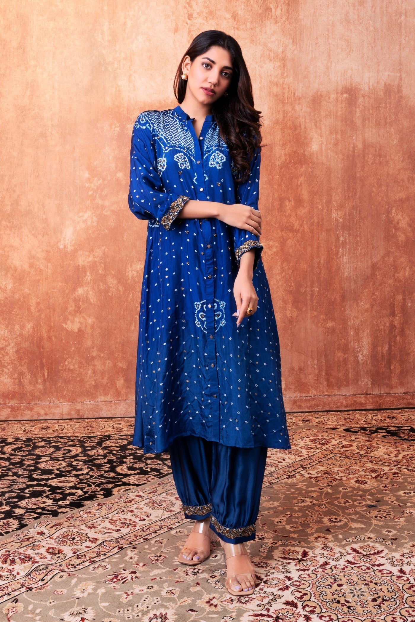 Navy Blue Bandhej Printed Embellished Kurta Set