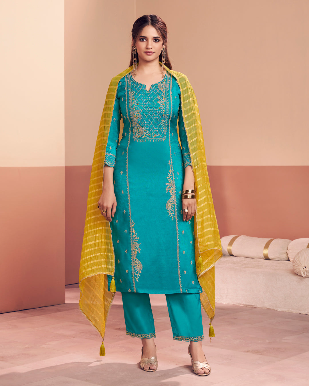 Cerulean Sun-Grace Embellished Dola Silk Pant Set