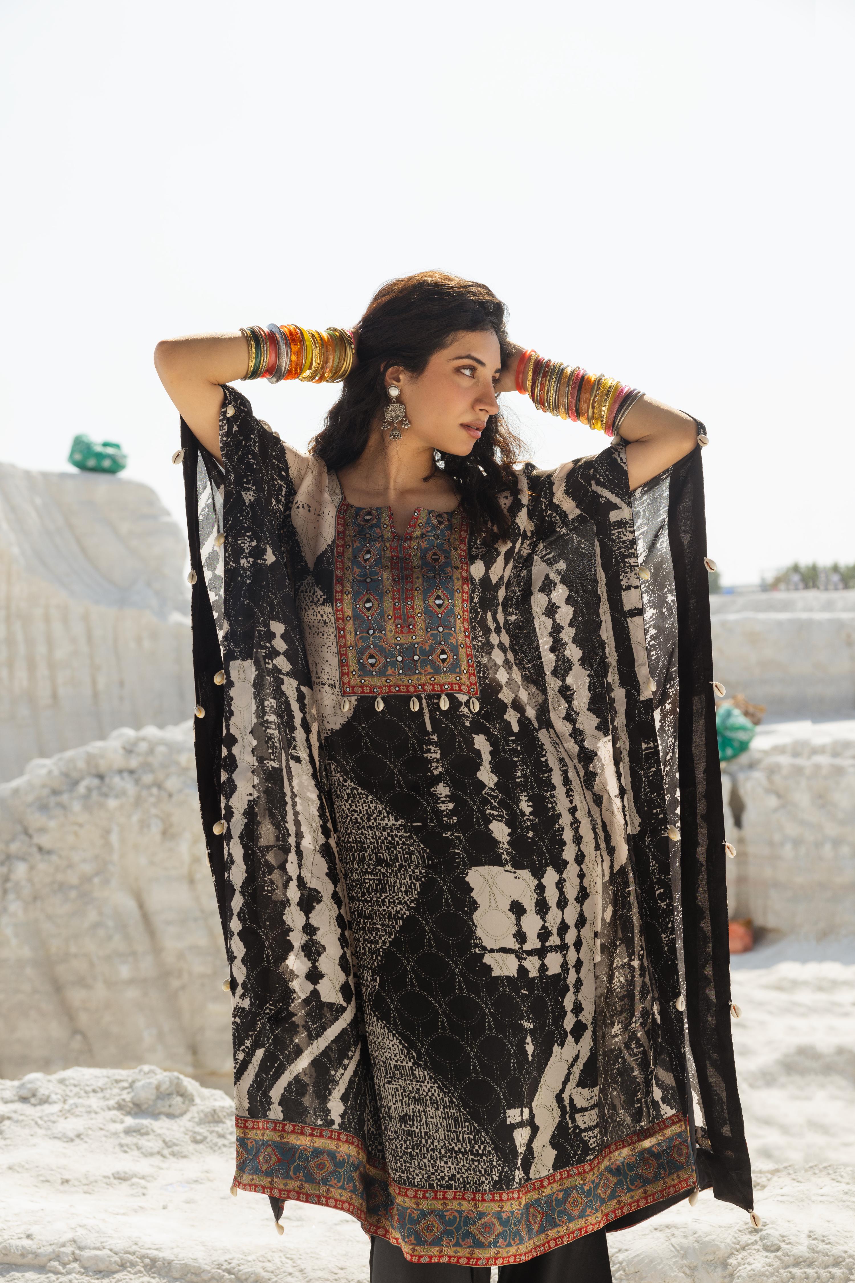 Charcoal Black Ikat Printed Muslin Silk Kaftan Set