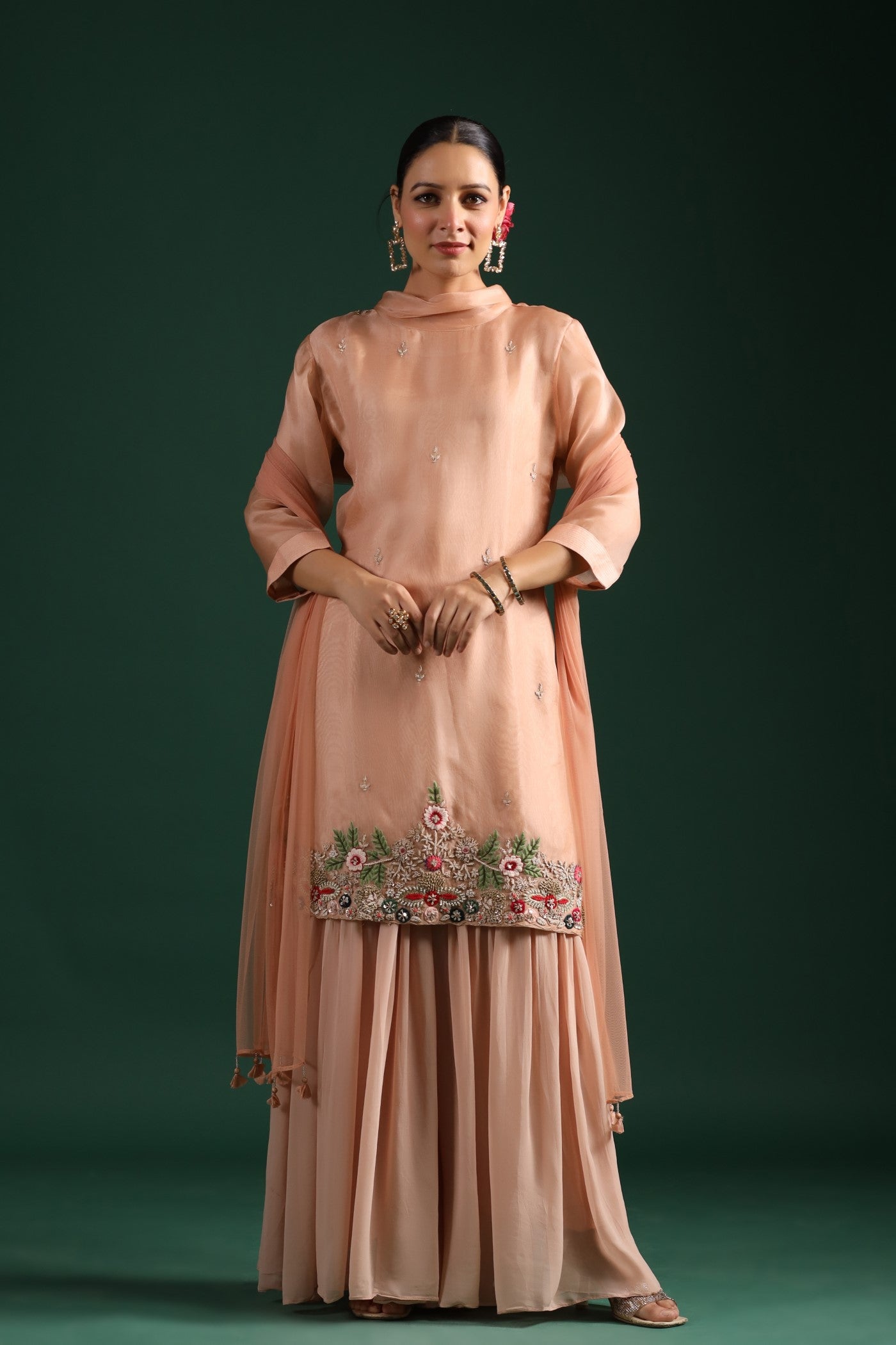 Pastel Peach Embroidered Sharara Set