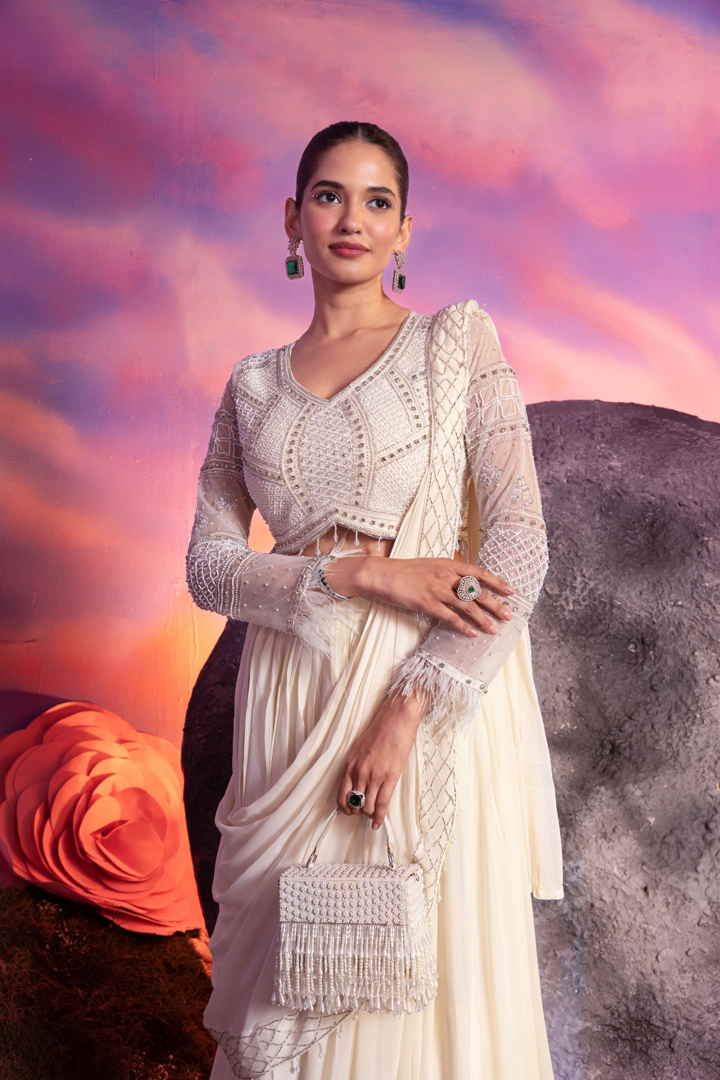 Pastel Cream Embellished Georgette Silk Draped Saree