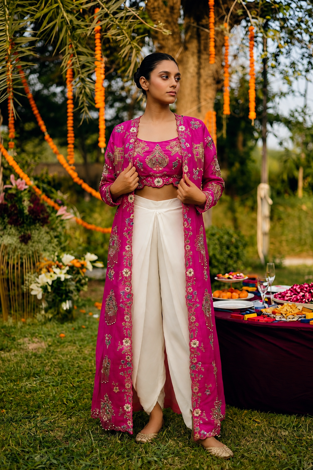 Hot Pink Embellished Crepe Silk Dhoti Set