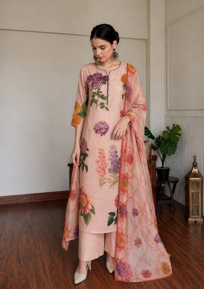 Peachy Floral Printed Linen Pant Set