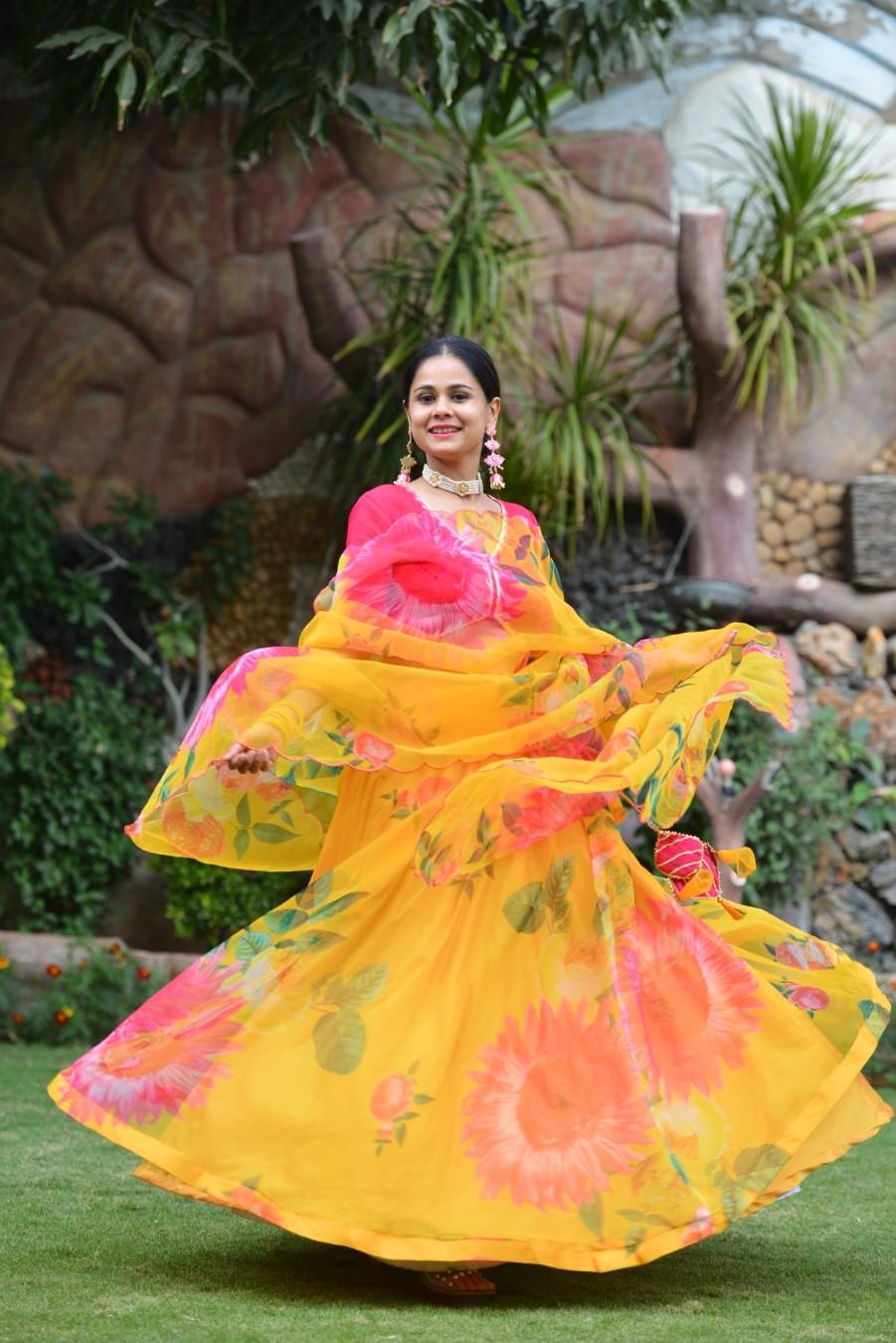 Mustard Floral Organza Silk Lehenga Set