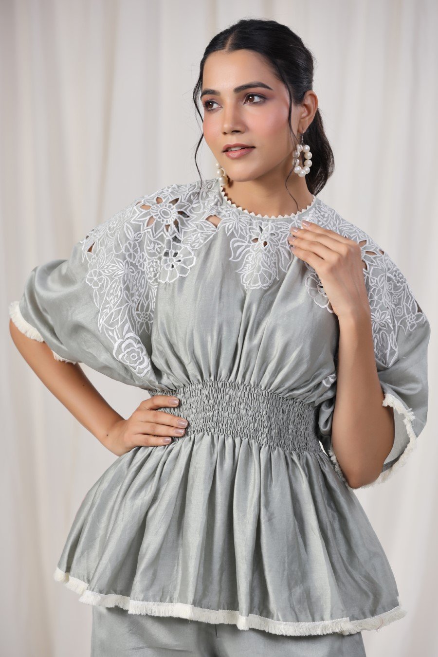 Powder Grey Embroidered Lotus Silk Co-ord Set