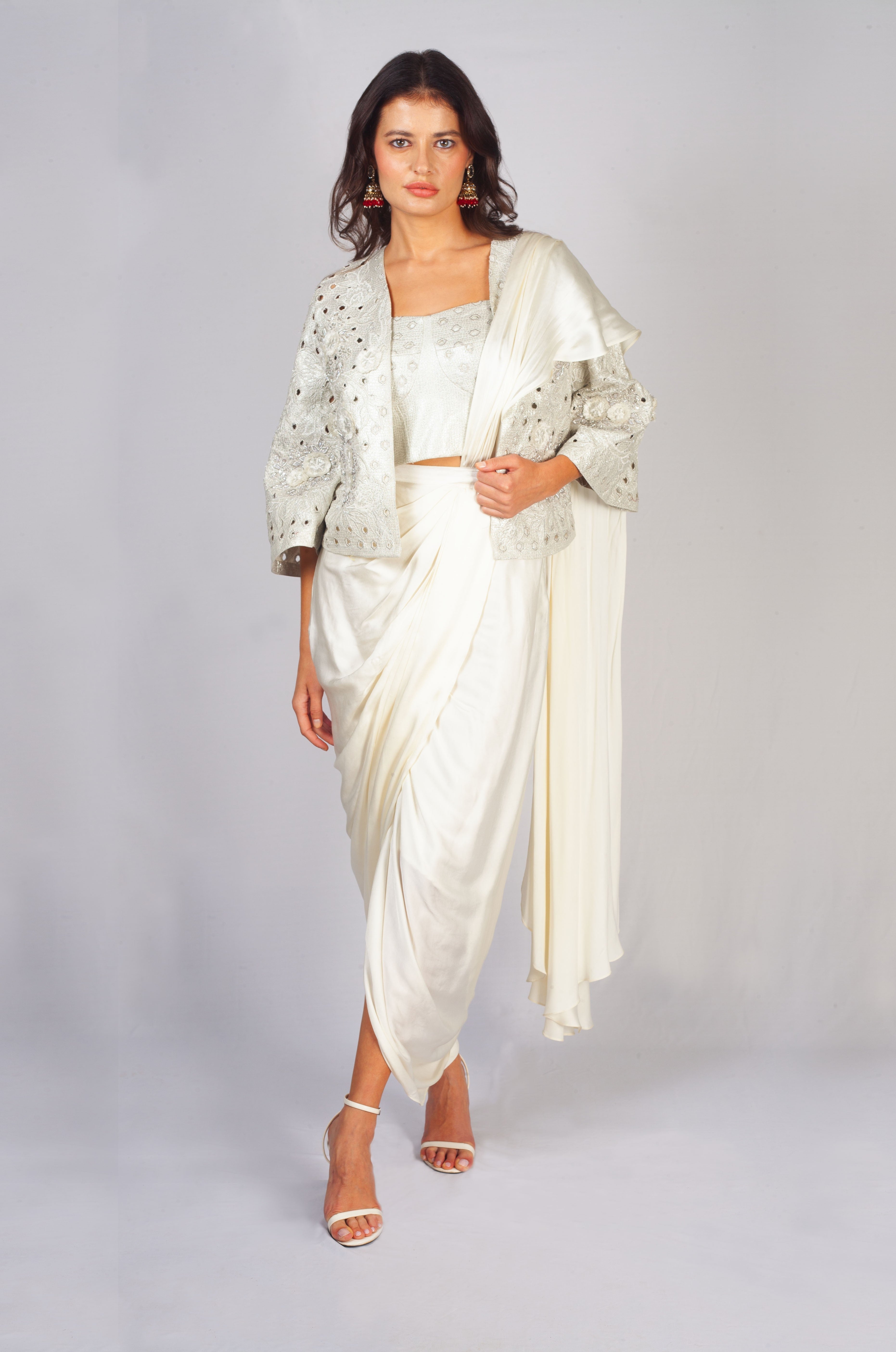 Ivory Frost Embroidered Satin Silk Pre-Draped Jacket Saree