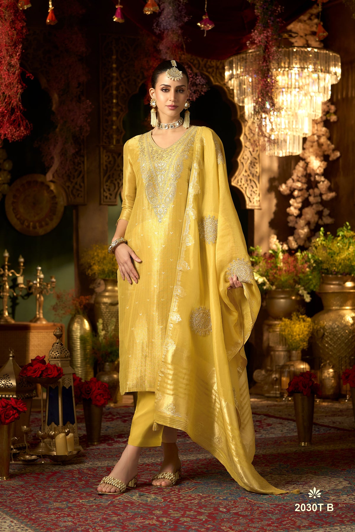 Mustard Gold Embellished Shimmer Silk Pant Set