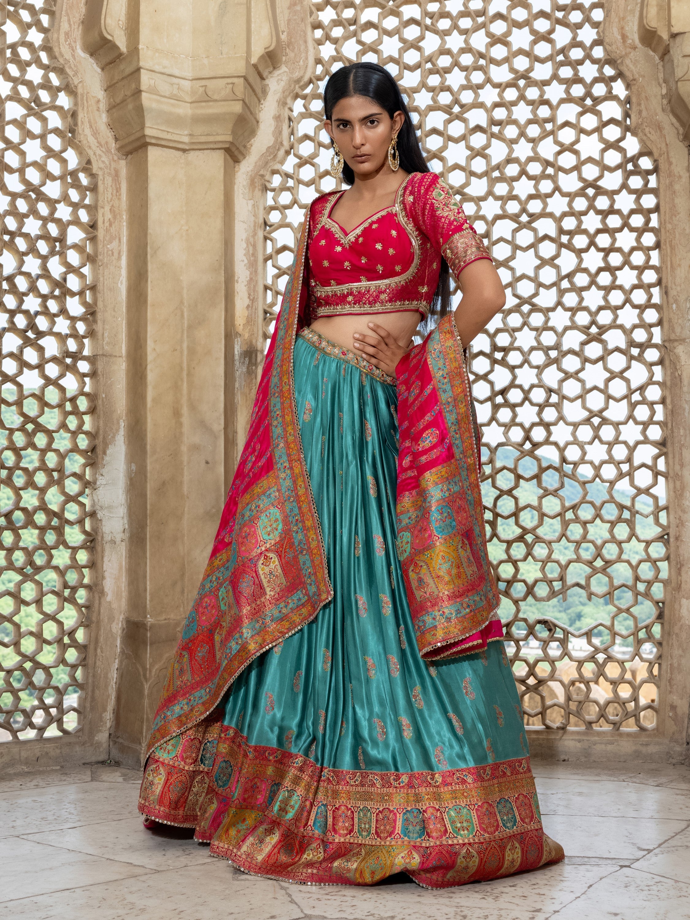 Teal Handwork Satin Silk Lehenga Set