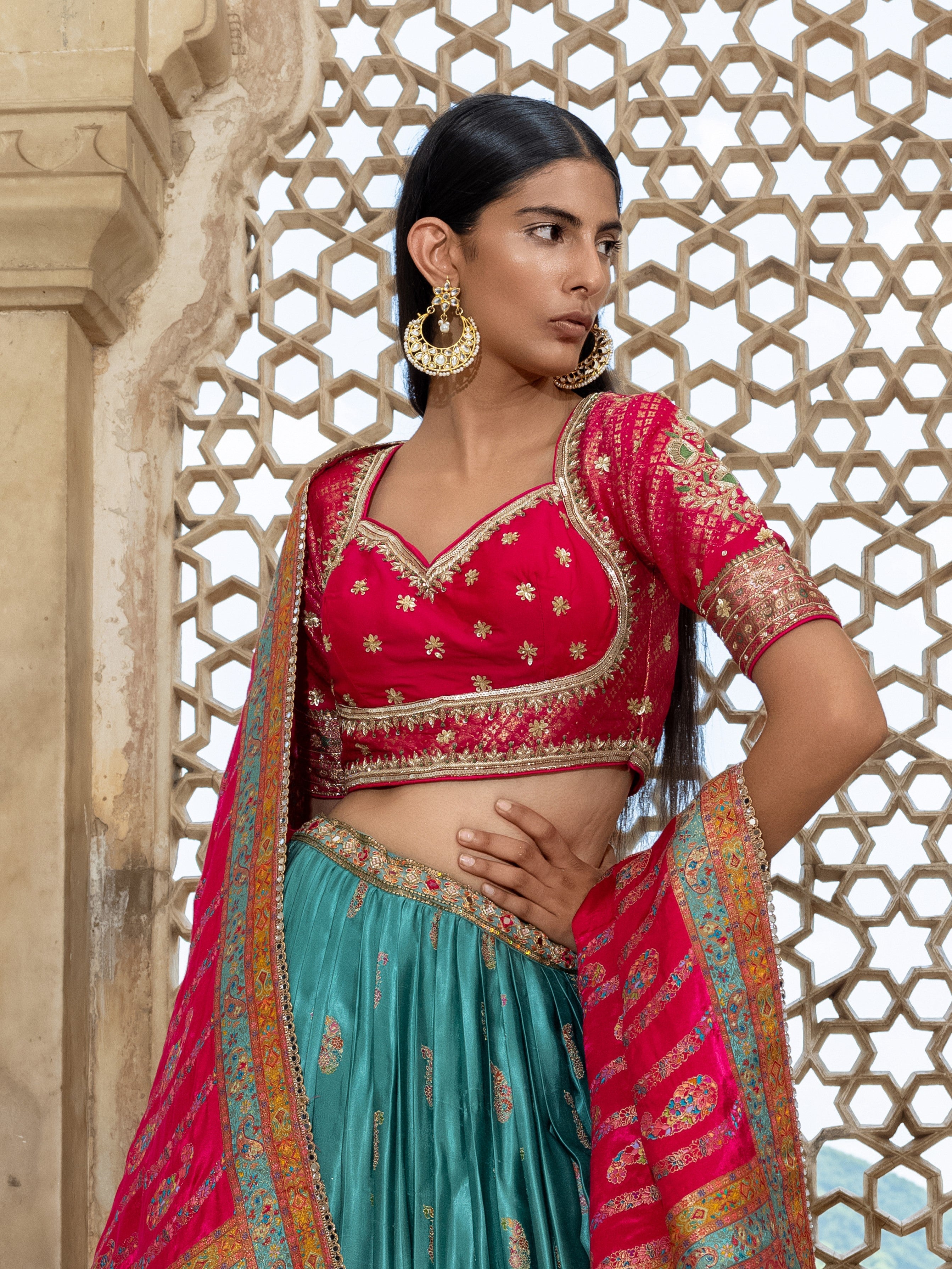 Teal Handwork Satin Silk Lehenga Set