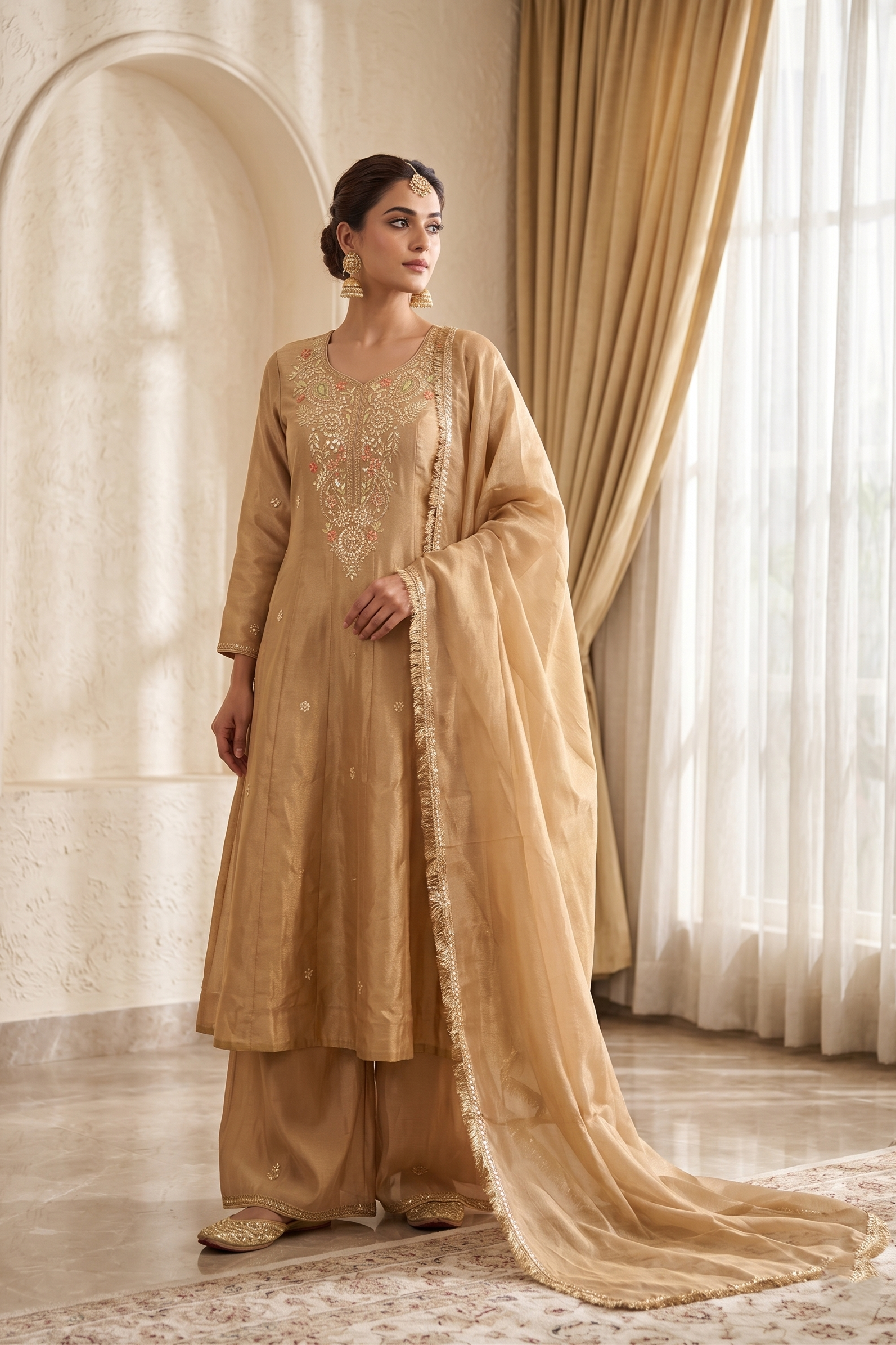 Soft Gold Tissue Silk Anarkali Suit Set