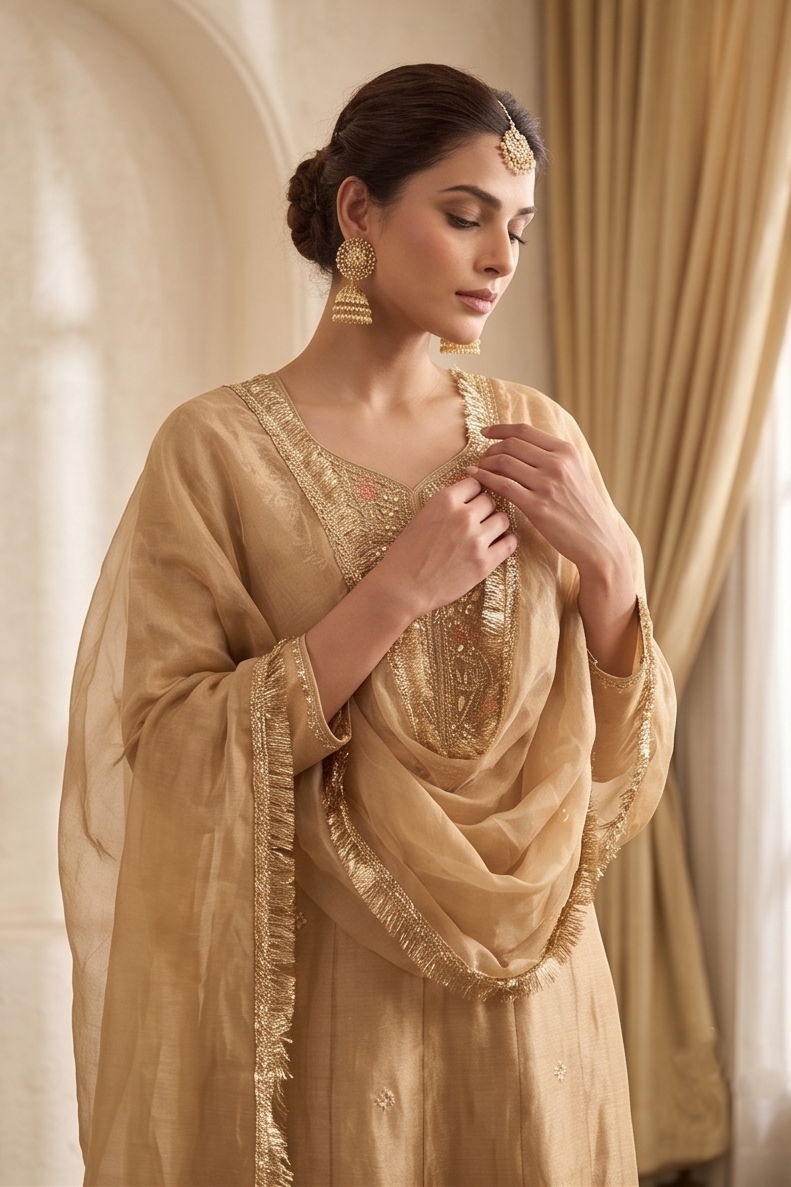 Soft Gold Tissue Silk Anarkali Suit Set