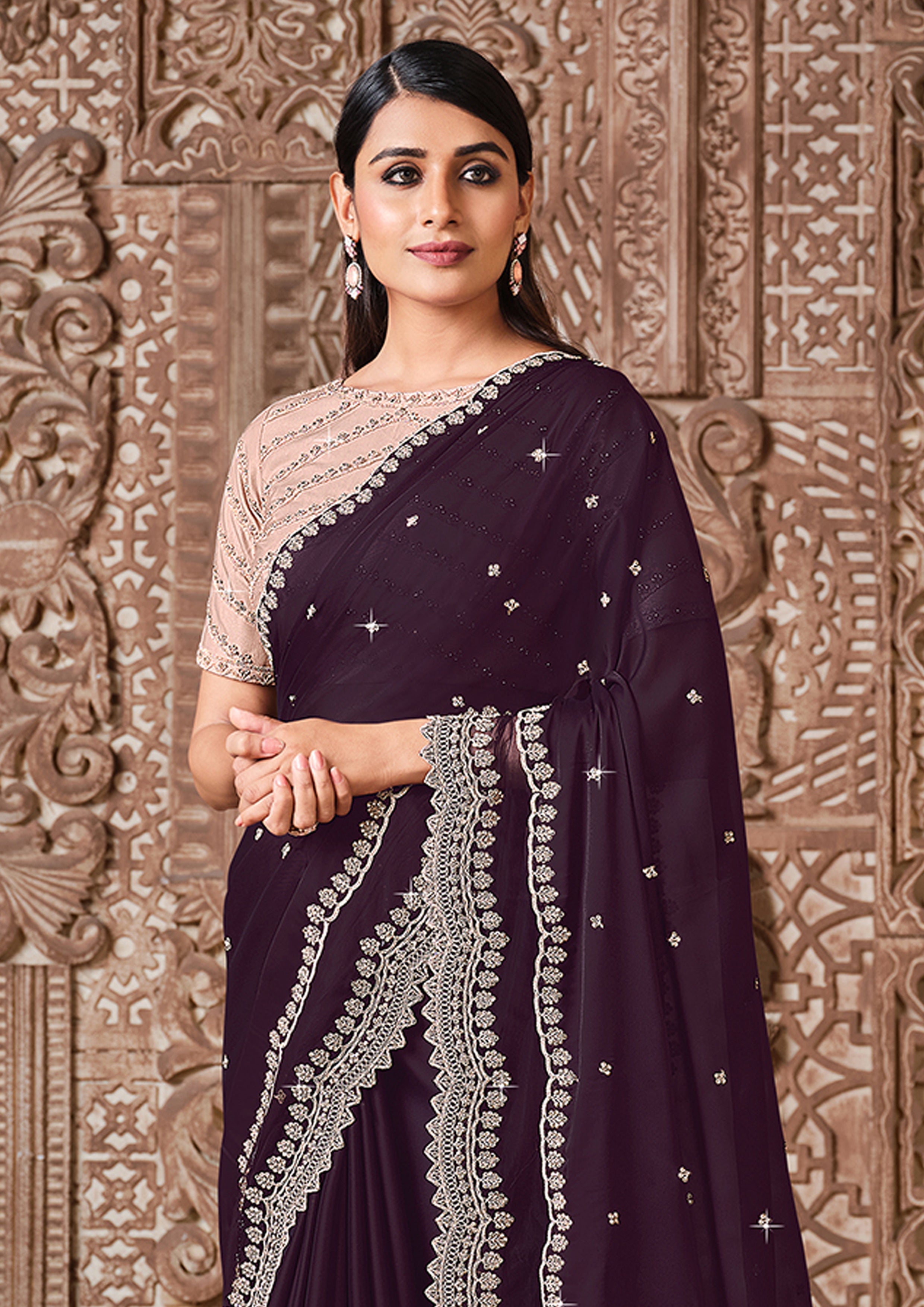 Wine Embellished Georgette Silk Saree