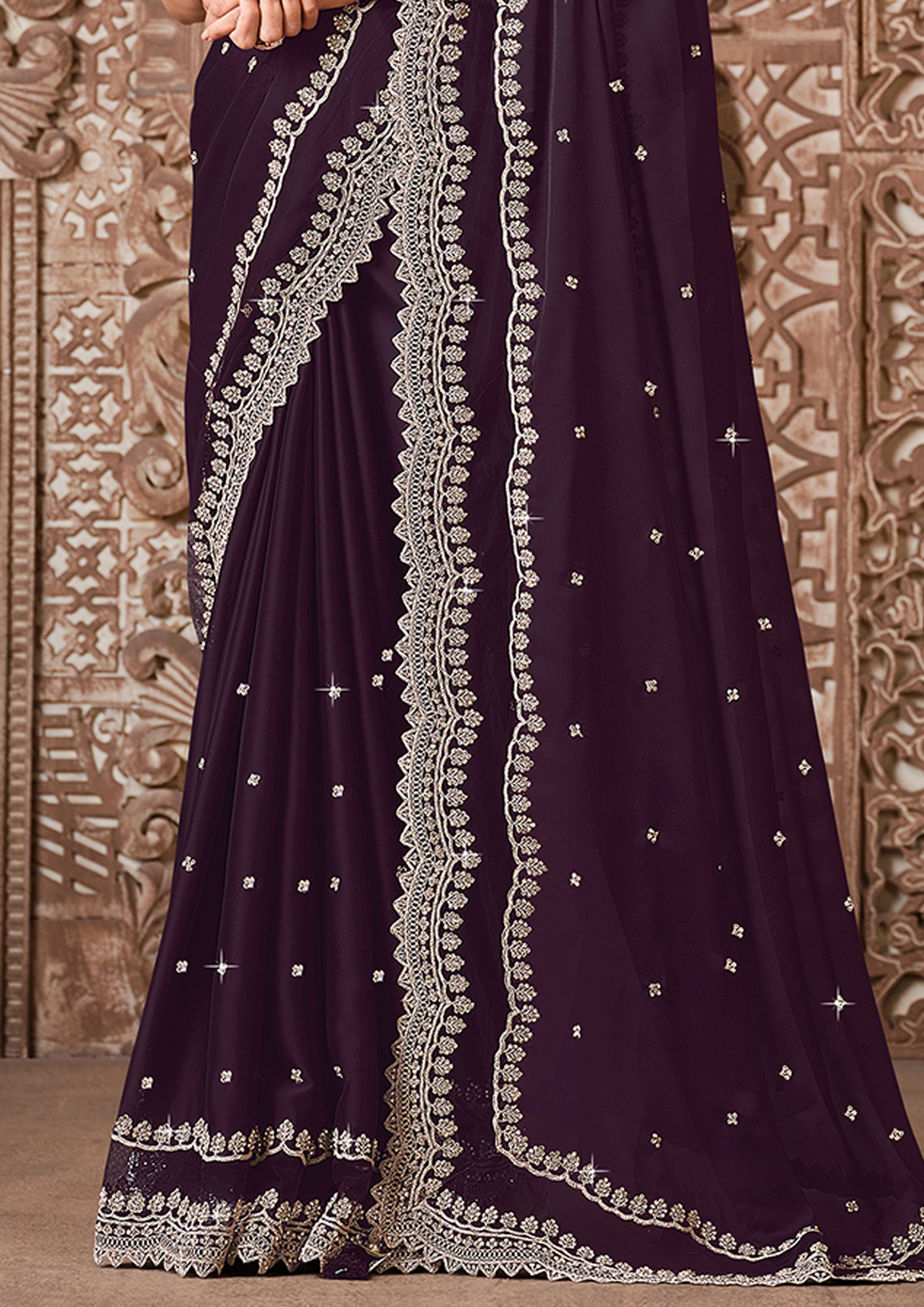 Wine Embellished Georgette Silk Saree