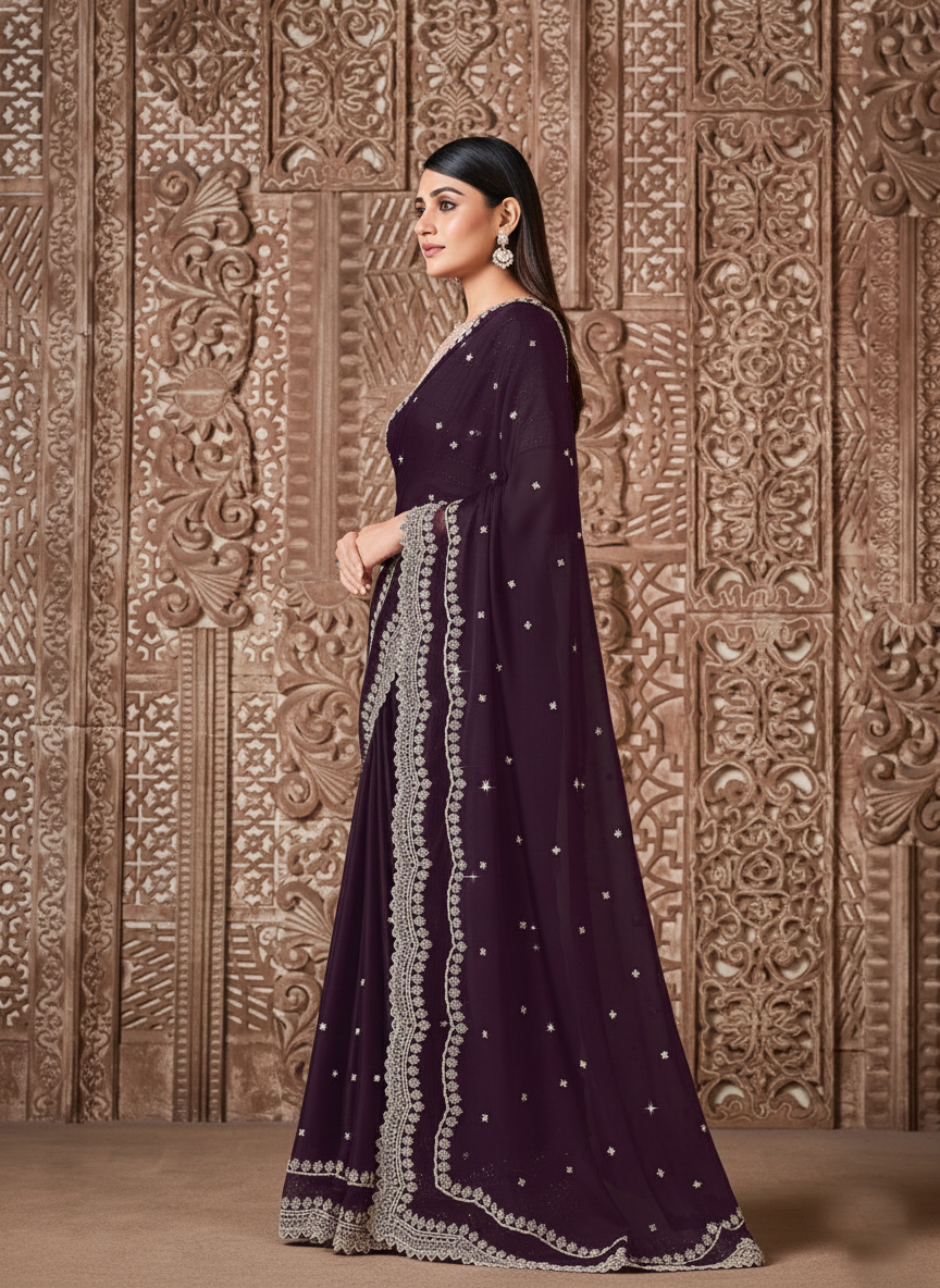 Wine Embellished Georgette Silk Saree
