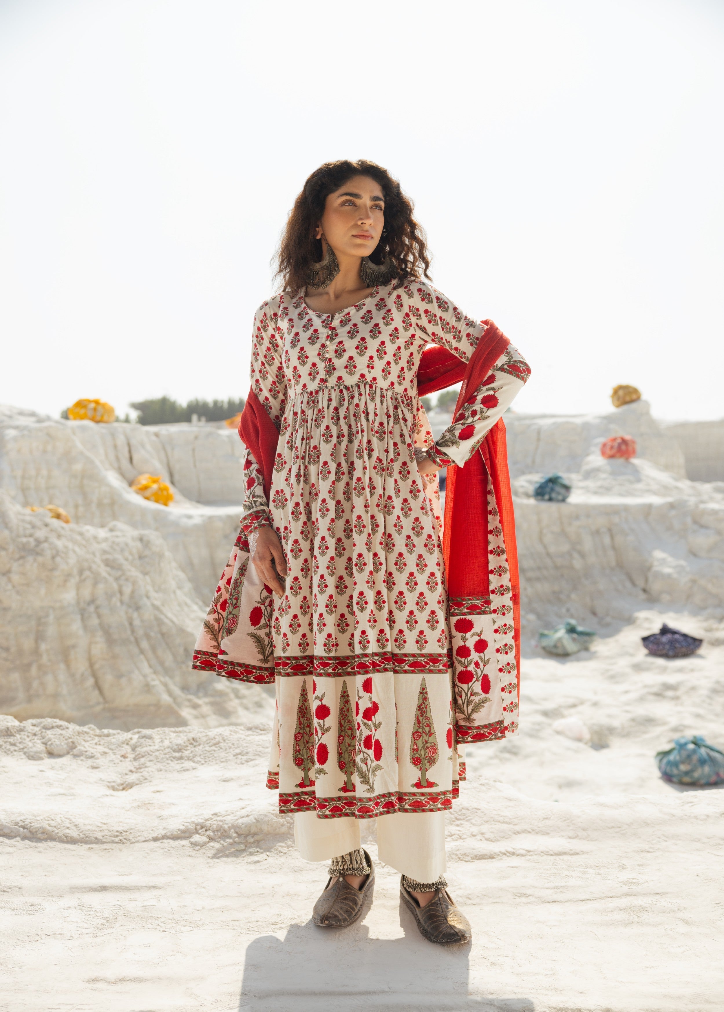 Cream and Red Printed Organic Cotton Anarkali Set