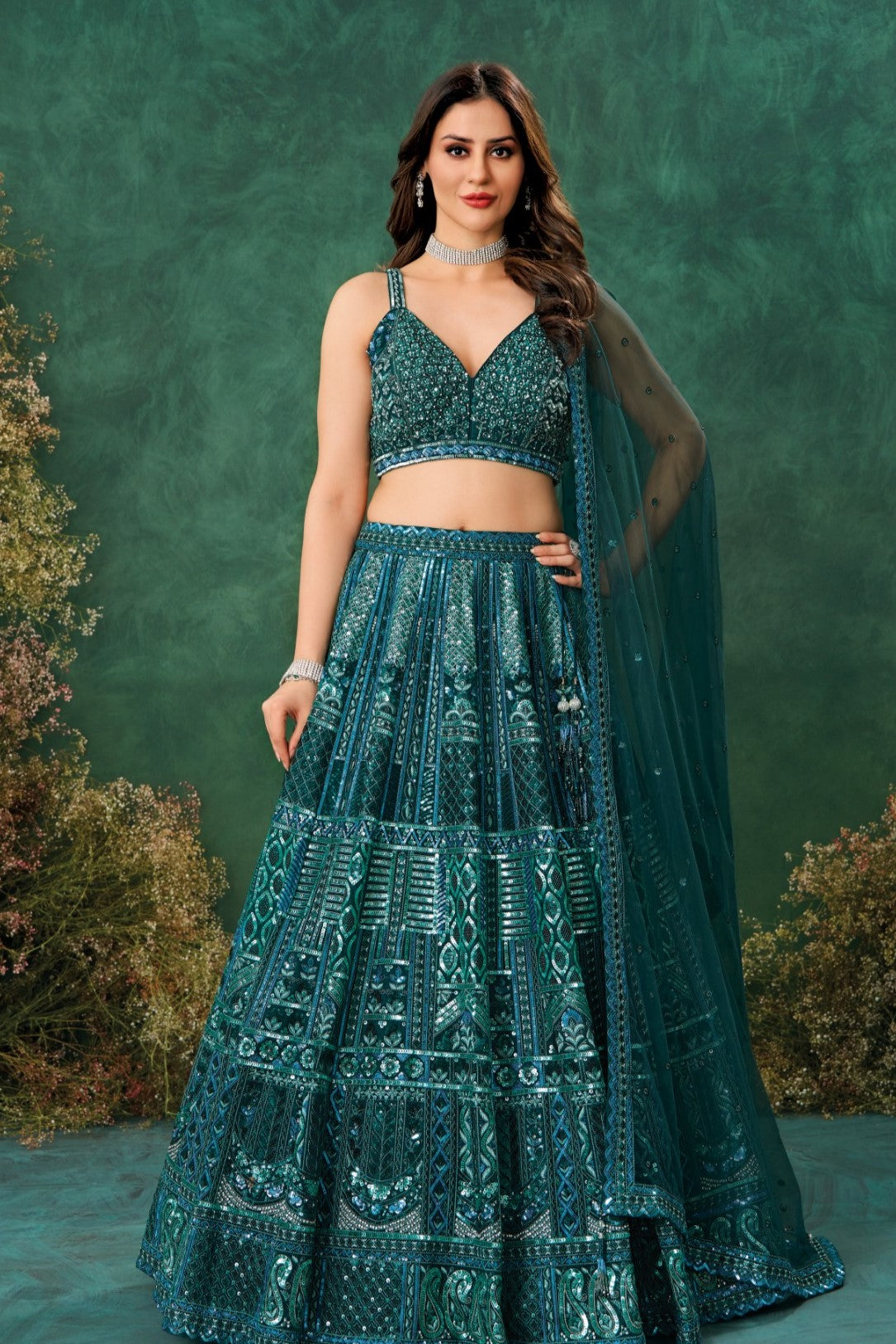 Deep Green Net Lehenga Set