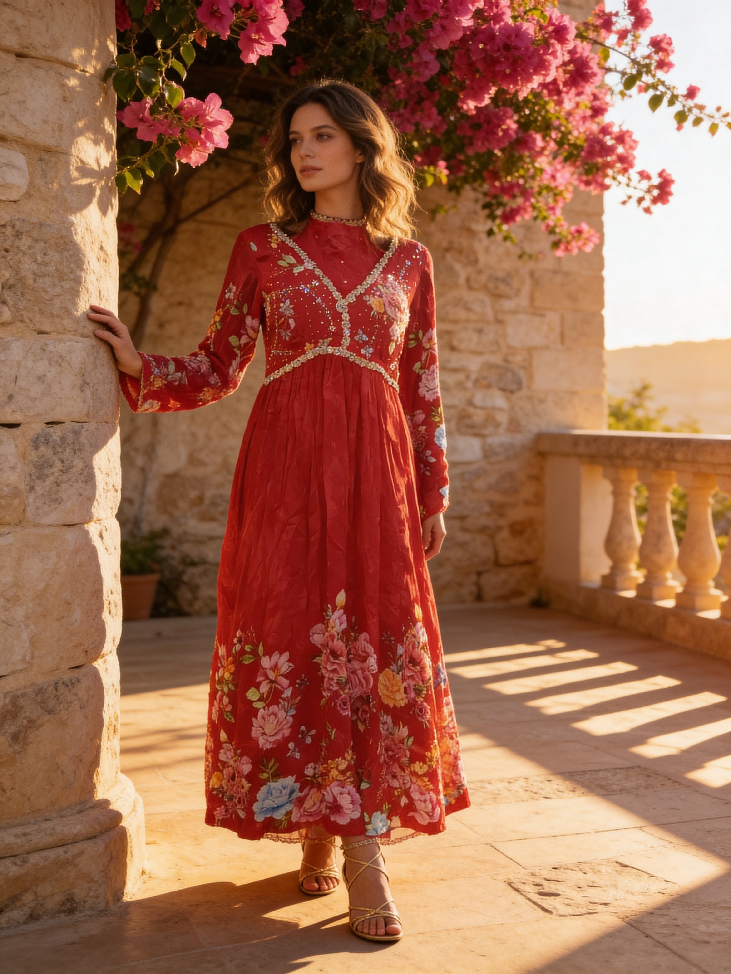Deep Red Embellished Organza Silk Dhoti Kurta Set