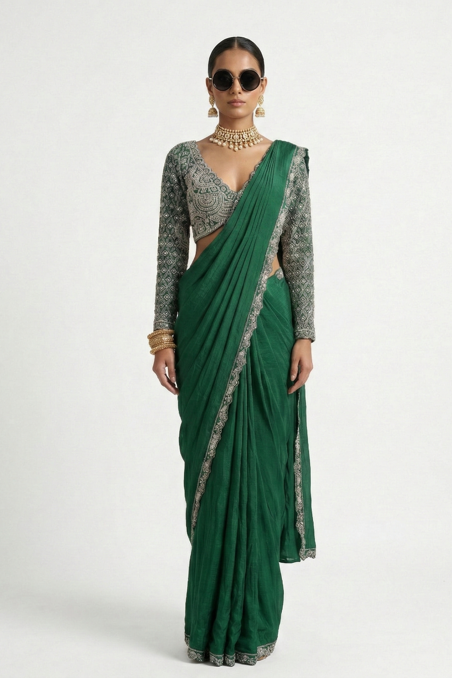 Brunswick Green Embellished Tissue Silk Draped Saree