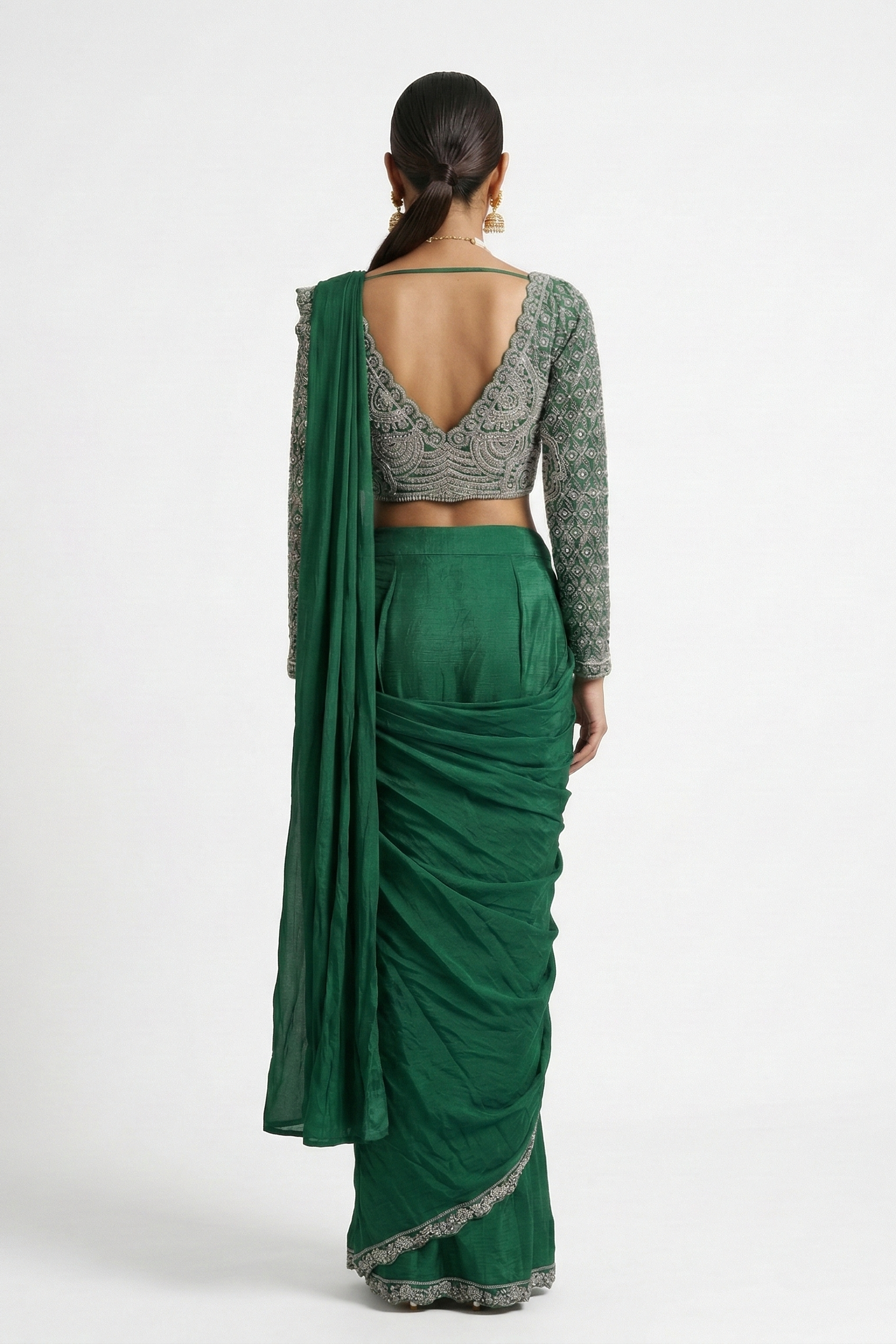 Brunswick Green Embellished Tissue Silk Draped Saree