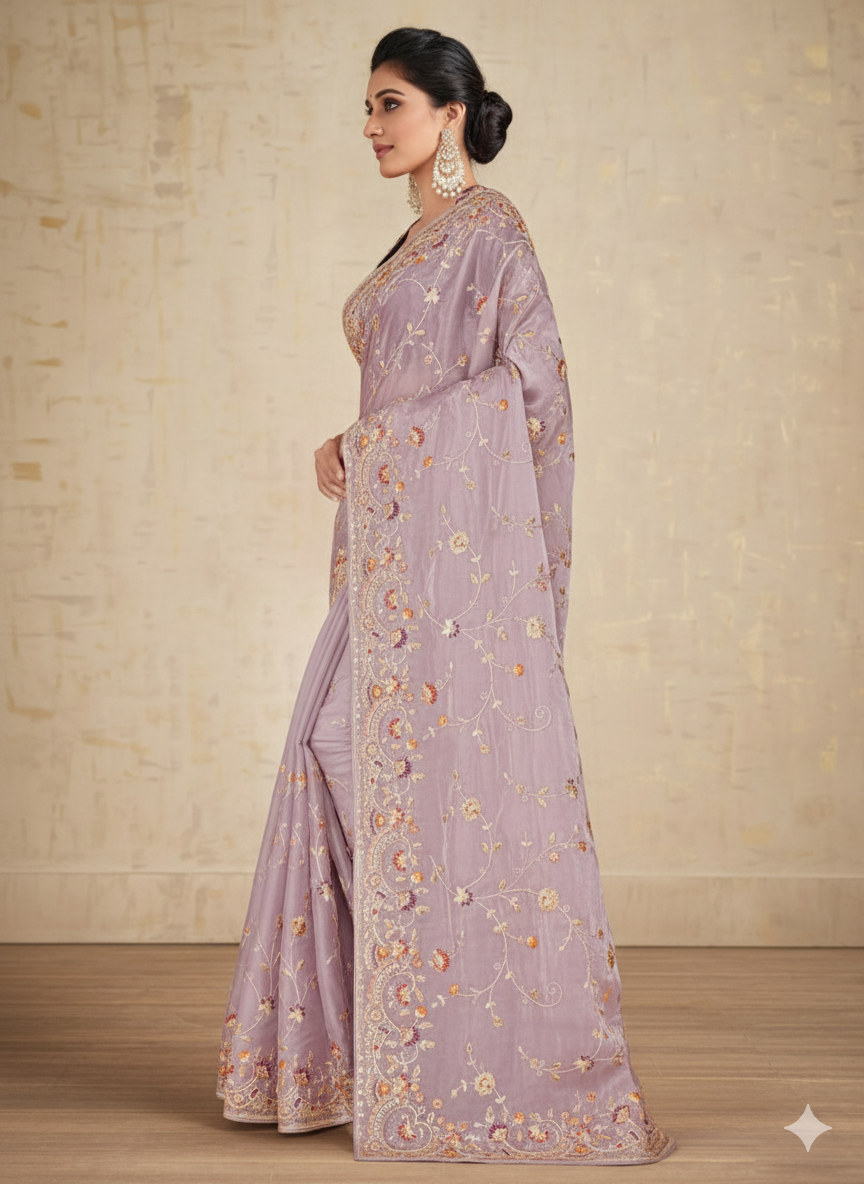 Lilac Embroidered Shimmer Tissue Silk Saree