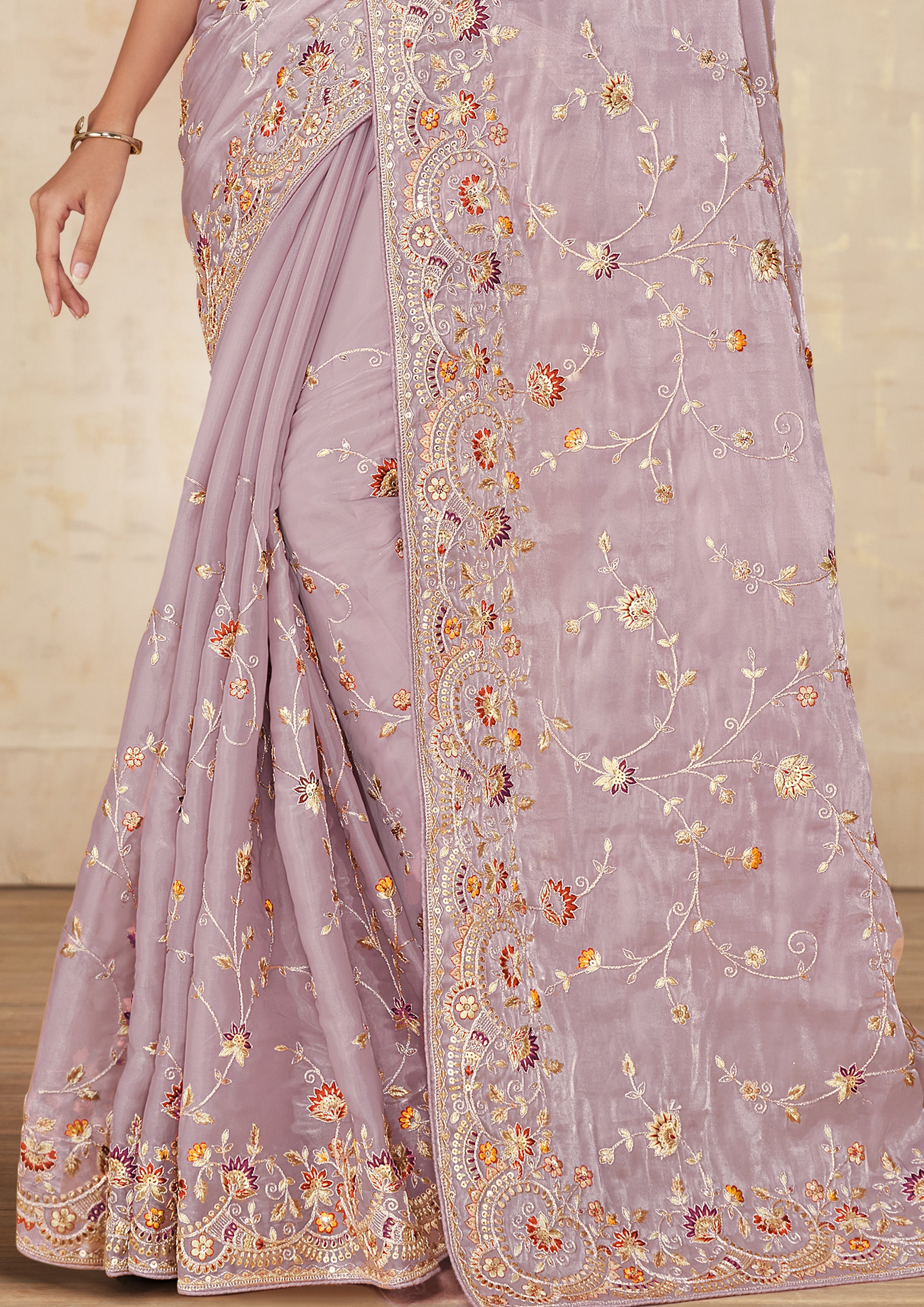 Lilac Embroidered Shimmer Tissue Silk Saree