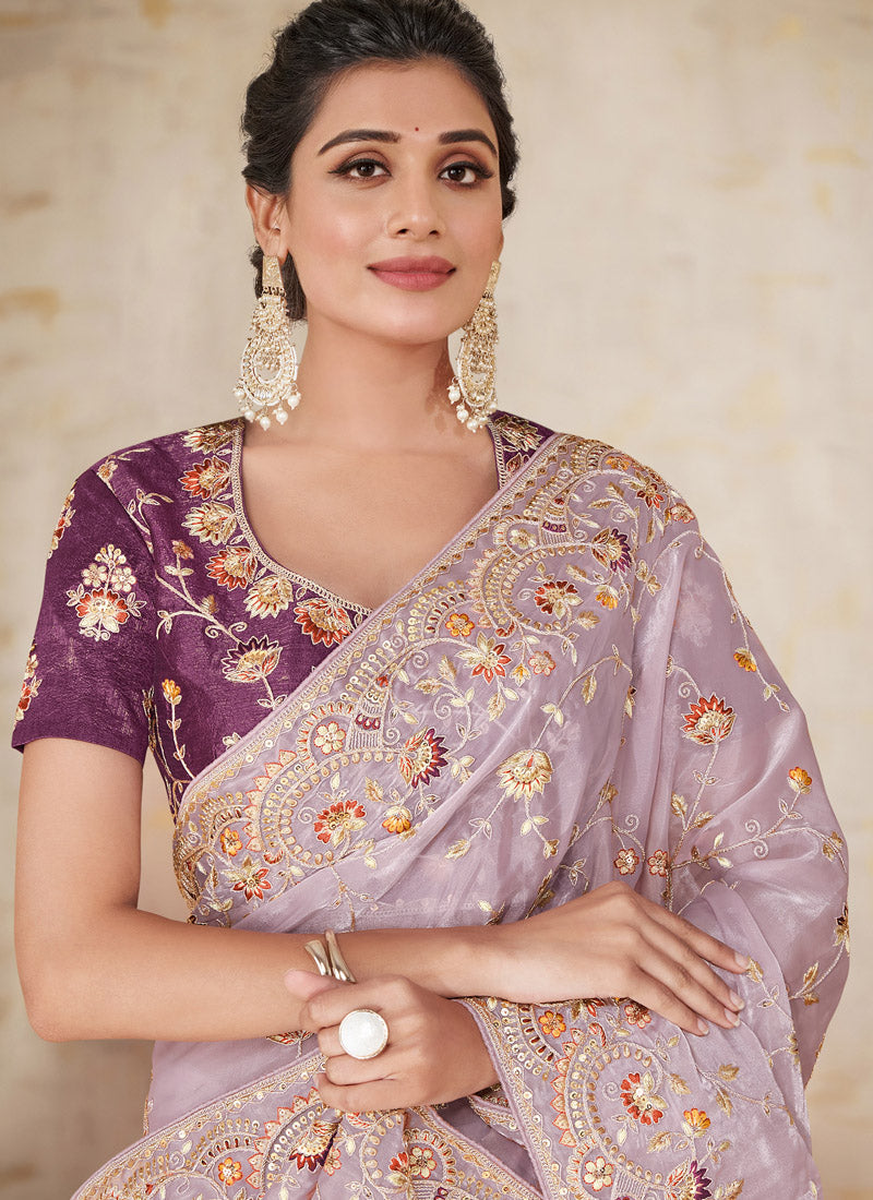 Lilac Embroidered Shimmer Tissue Silk Saree