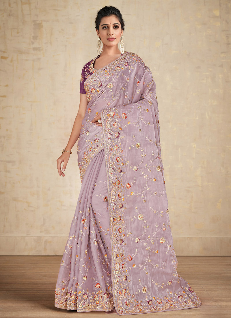 Lilac Embroidered Shimmer Tissue Silk Saree