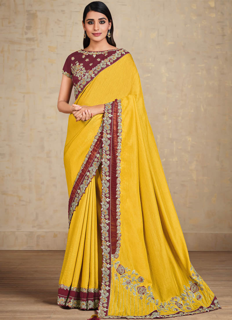 Mustard Yellow Embroidered Tussar Silk Saree