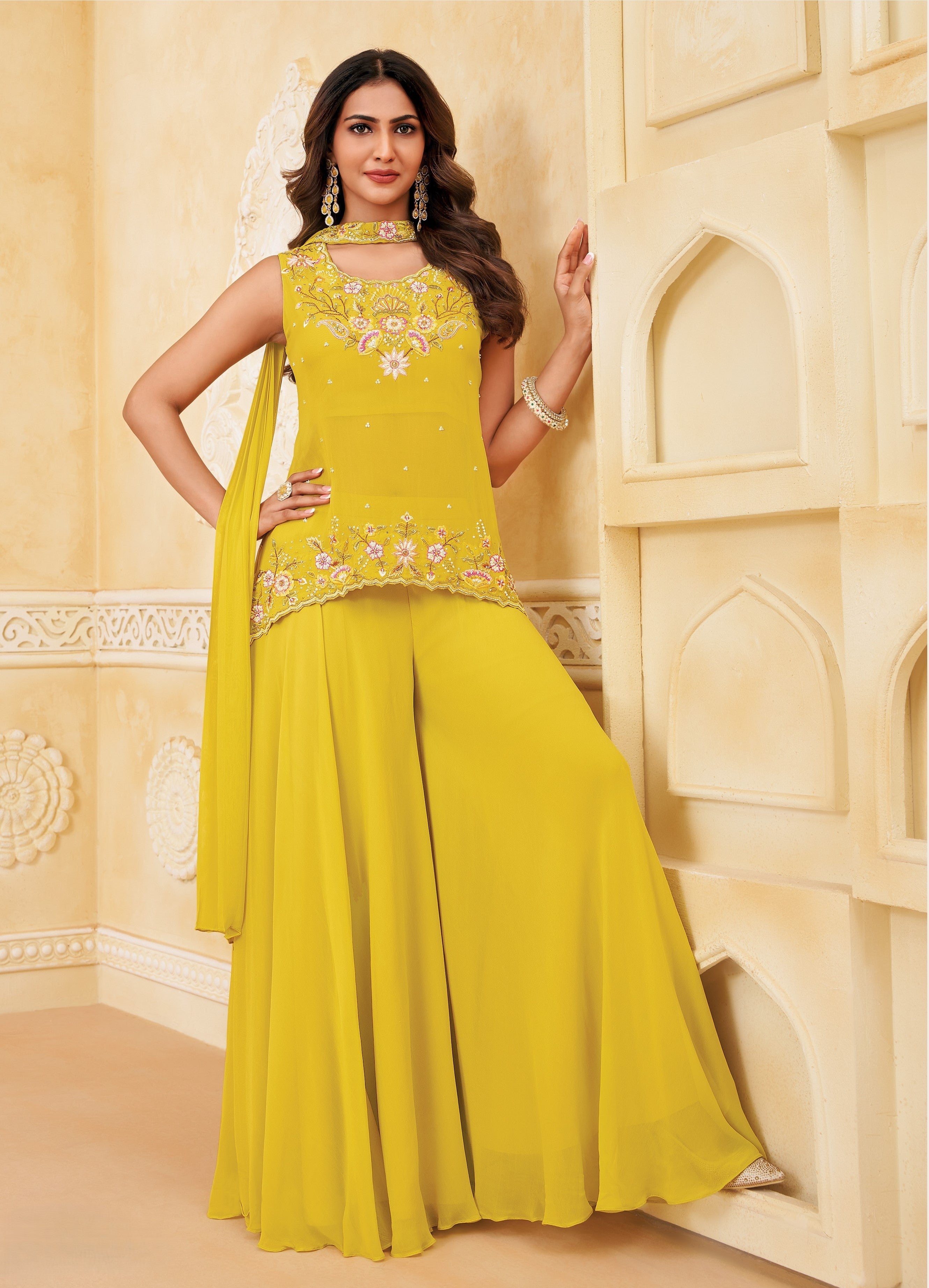 Bright Yellow Embellished Georgette Silk Palazzo Set